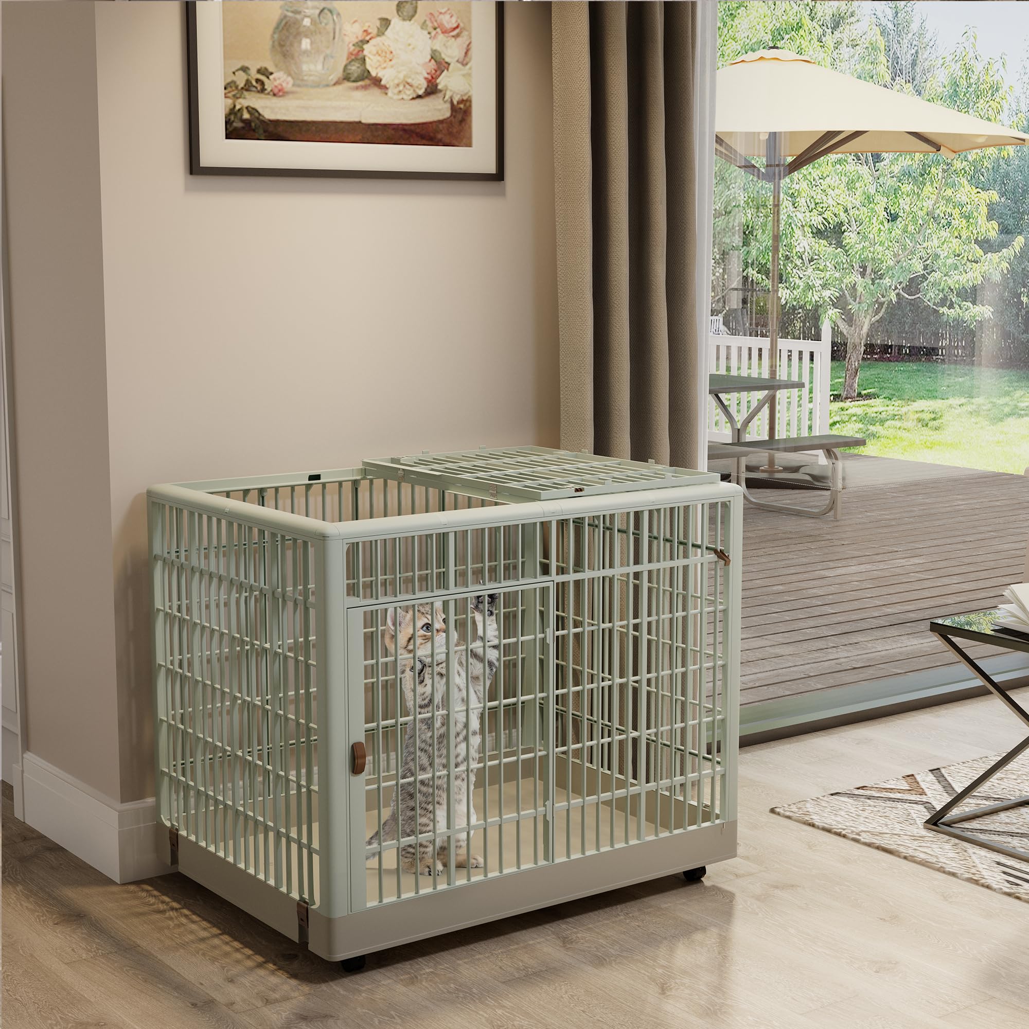 YITAHOME 38'' Large Cat Cage with Double Doors, Lockable Pet Crate for Indoor Use - Durable Plastic Small Animal Cage for Cats, Rabbits, Ferrets & Chinchillas - Portable with Wheels for Home, Apartment or Vet Visits