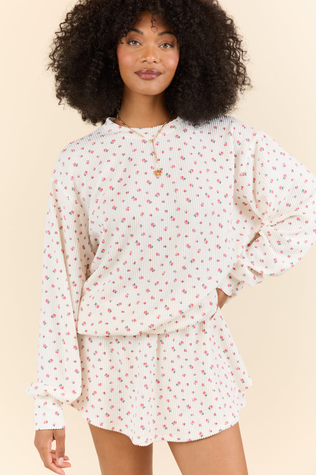 Just Focus Ivory Florette Long Sleeve Blouse for Women - Elegant Floral Print Shirt for Office, Date Night & Special Occasions