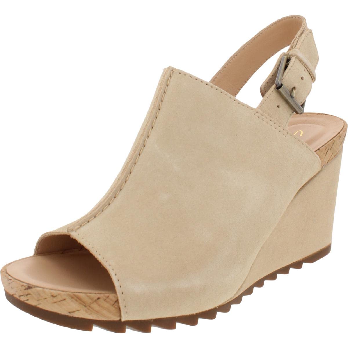 Clarks Flex Stitch Women's Leather Metallic Slingback Cork Wedge Sandals - Comfortable Dressy Summer Shoes for Casual Outings & Beach Vacations