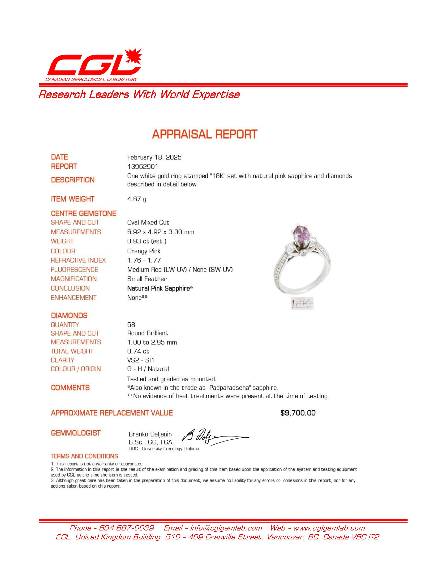 Exquisite Unheated Padparadscha Sapphire & Diamond Engagement Ring | 0.93ct Natural Sapphire & 0.74ctw Diamond | Size 6.75 | Perfect for Proposals, Anniversaries & Special Occasions