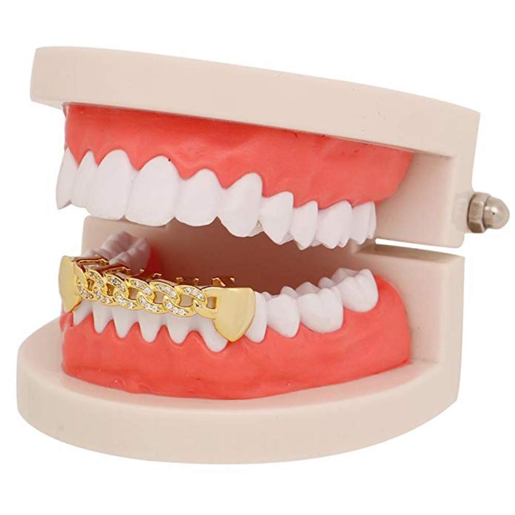 14K Gold & Silver Cuban Chain Pave CZ Grillz Set - Top & Bottom Teeth Jewelry for Hip Hop Style | Perfect for Rappers, Performances & Special Events