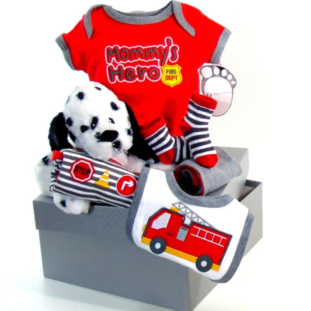 11-inch Newborn Baby Gift Basket Set for Baby Boy or Girl - Cute Firefighter Themed Welcome Gift Box for New Parents | Perfect Baby Shower, Christening & New Mom & Dad Present