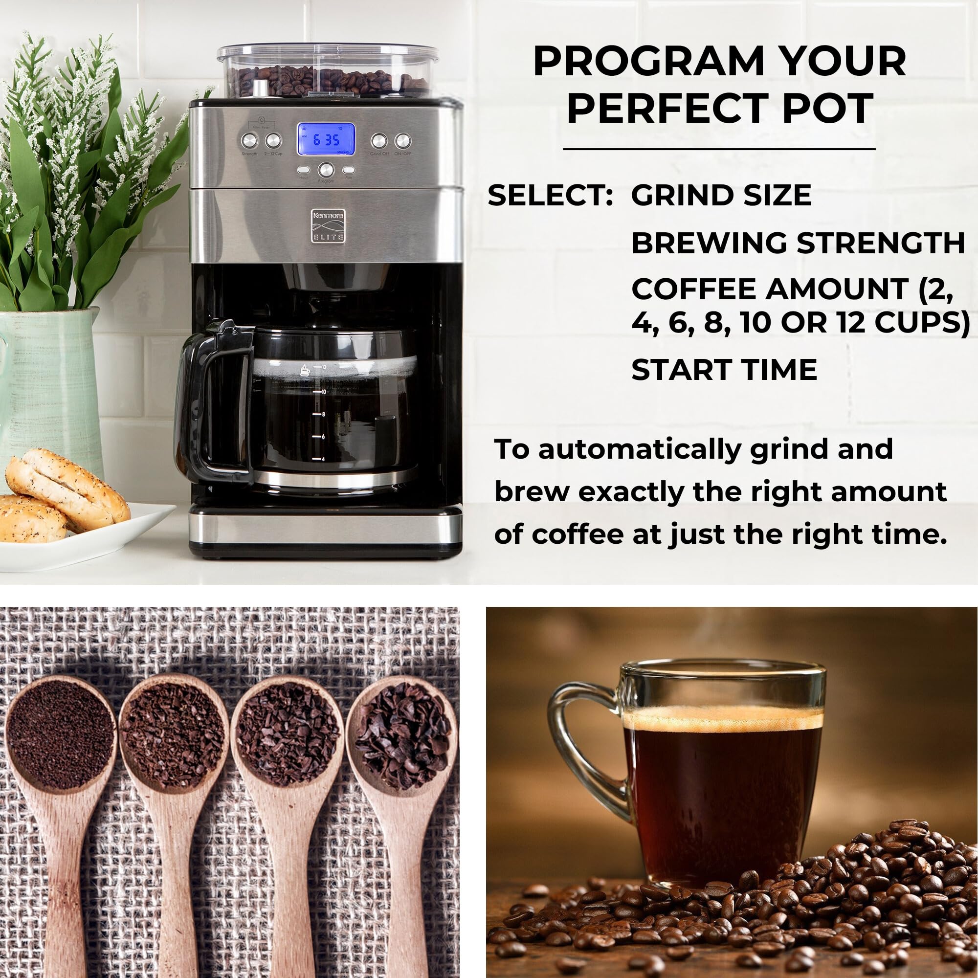 Kenmore Elite Grind and Brew Coffee Maker - 12 Cup Programmable Automatic Coffee Machine with Burr Grinder, Fresh Bean Hopper & Glass Carafe - Perfect for Home Kitchens, Offices and Small Cafés - Barista Style Coffee Maker for Espresso, Latte & Drip Coffee