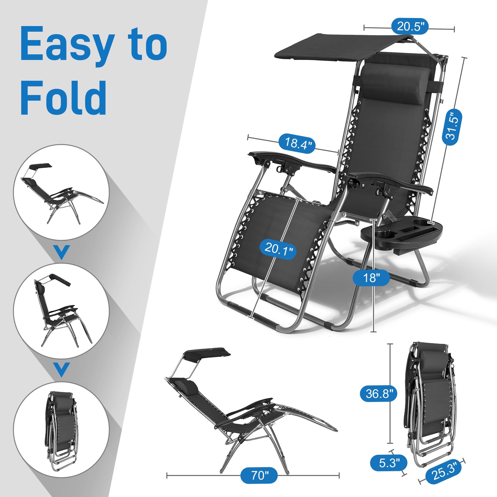 Bonnlo Zero Gravity Chair with Canopy - Adjustable Folding Patio Lounge Chair with Sunshade, Cup Holder & Headrest - Perfect for Beach, Garden, Poolside & Outdoor Relaxation (Blue/Black)