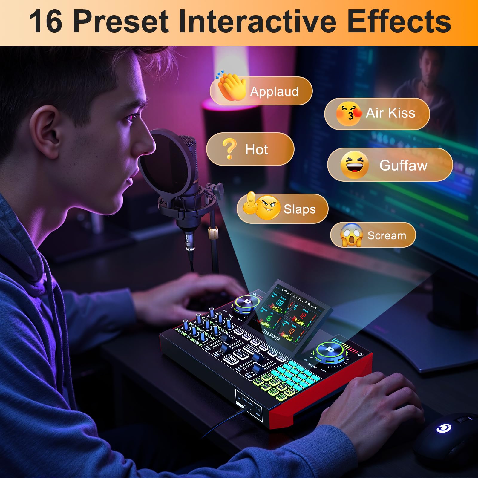 Professional Audio Mixer for PC & Phone - Live Streaming, Gaming, Singing - Compatible with 3.5mm/XLR Dynamic & 48V Microphones - DJ Mixer Effects, Voice Changer, Denoise & One-Click Mute - Perfect for Podcasting, YouTube Streaming & Home Studio Recording