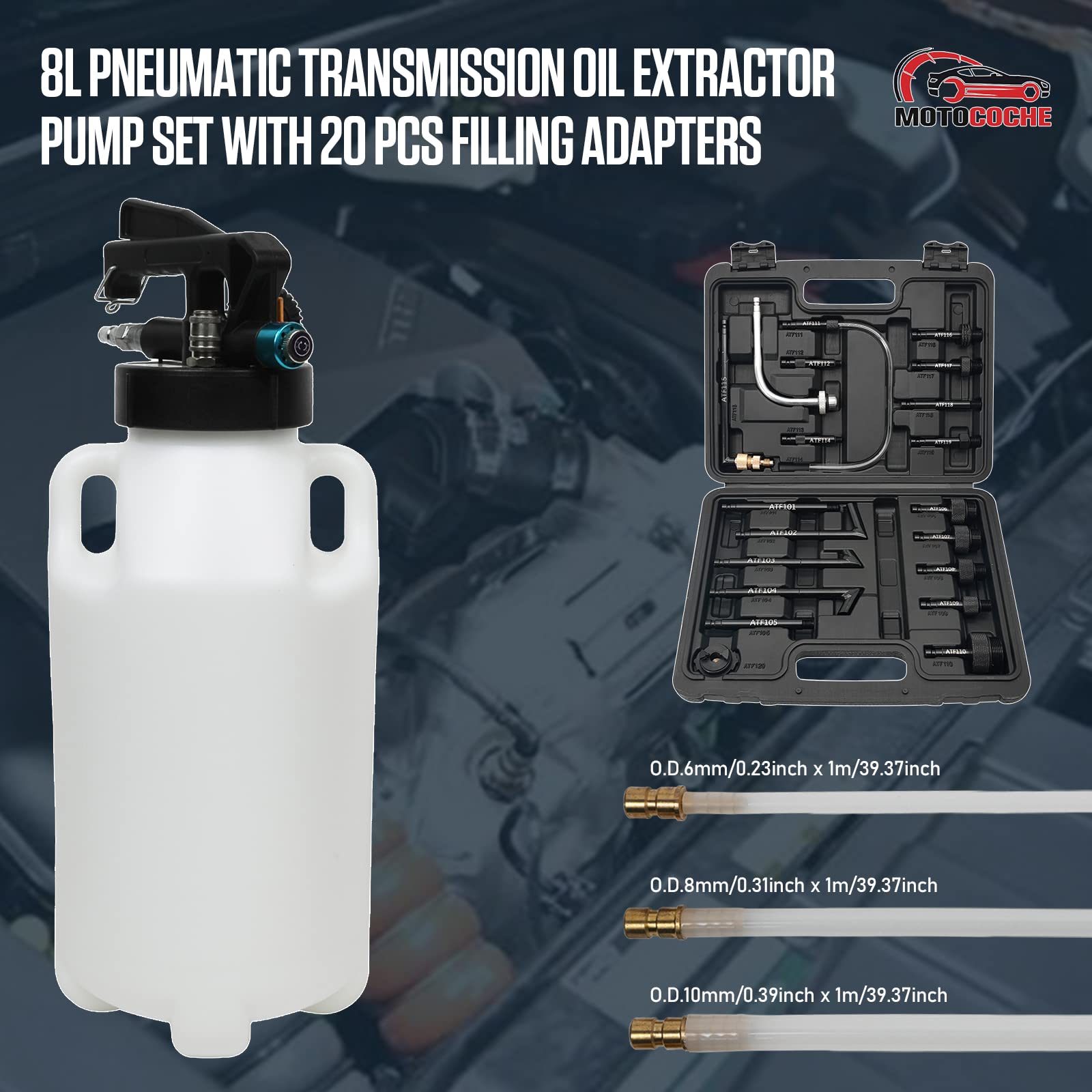 8L Pneumatic Transmission Oil Extractor Pump with 20PC Filling Adapters - ATF Fluid Transfer Pump for BMW, Ford, Audi - Automatic Oil Changer for Car Maintenance & DIY Fluid Replacement