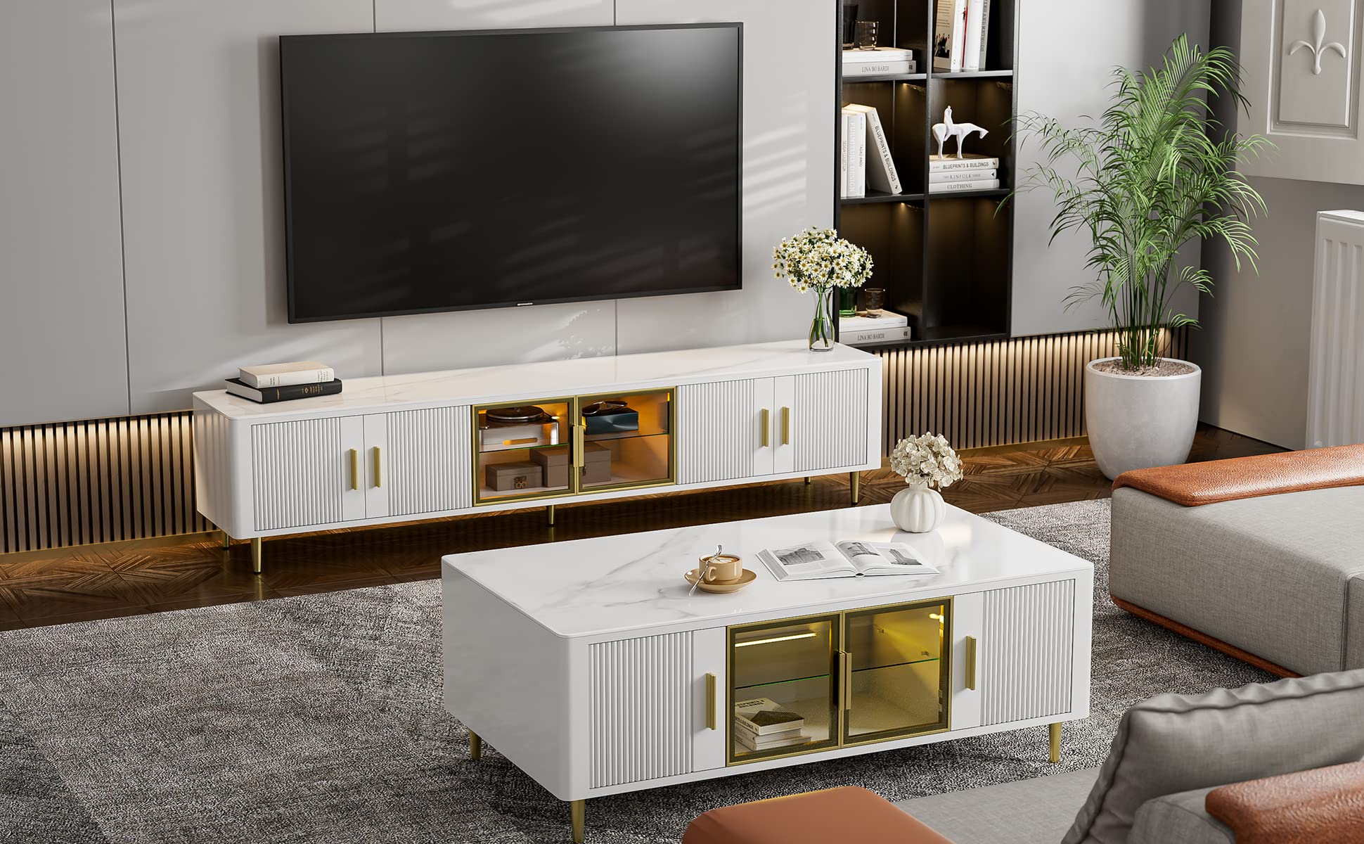 IKIFLY Modern TV Stand for 85+ Inch TVs - White LED Slate Entertainment Center with Glass Storage Cabinets & Adjustable LED Lights - Perfect for Living Room, Home Theater & Gaming Setup