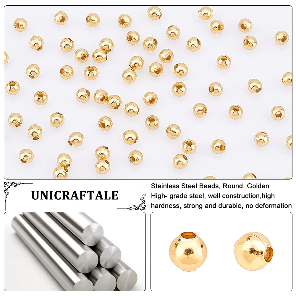 UNICRAFTALE 200pcs 4mm Golden Round Spacer Beads - Stainless Steel Loose Beads with 1.5mm Hole - Smooth Metal Spacer Beads for DIY Jewelry Making - Perfect for Bracelets, Necklaces & Crafting Projects
