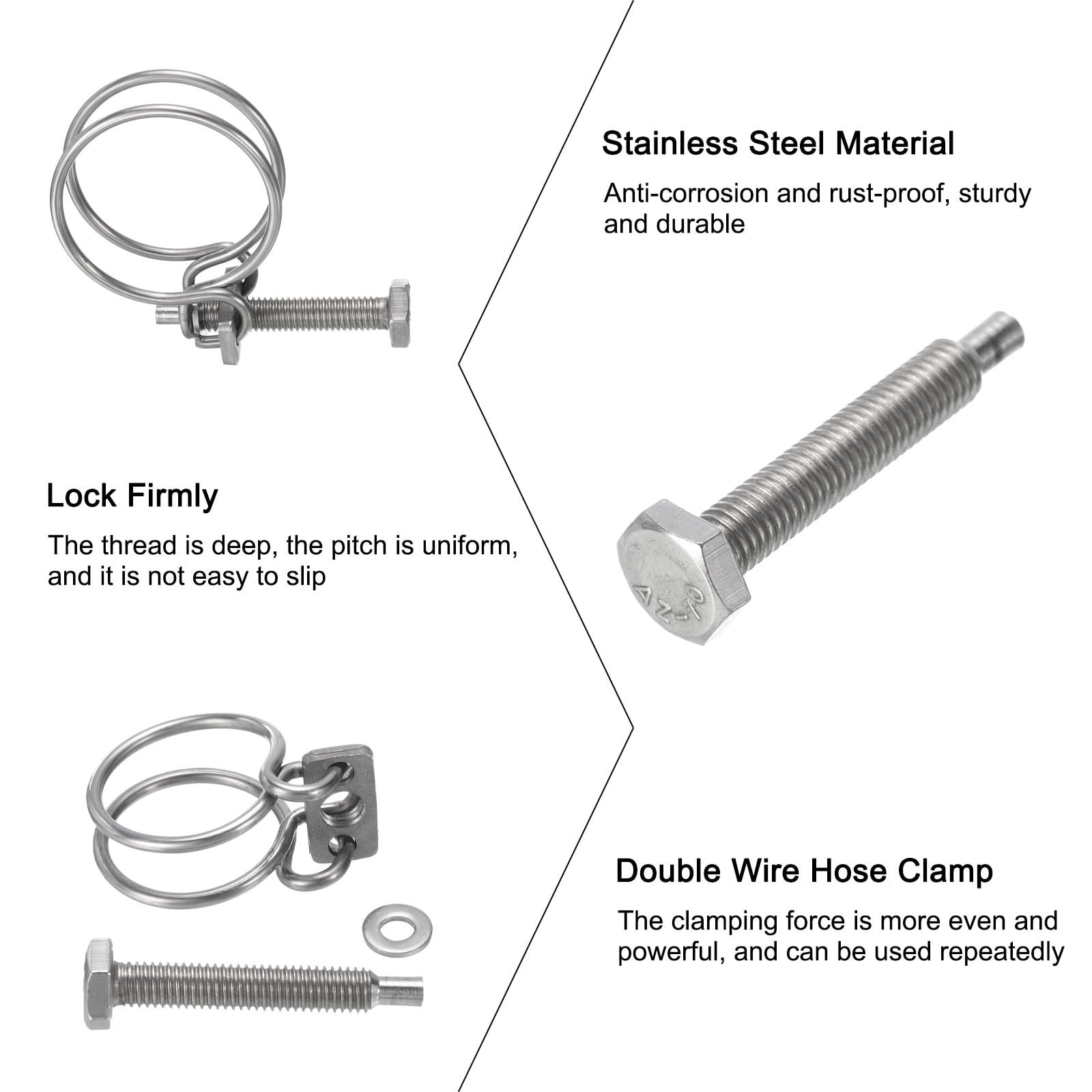 uxcell 10Pcs 38-42mm Adjustable Stainless Steel Double Wire Hose Clamps with M8 Bolt - Heavy Duty Pipe Clips for Dust Collection Hose, Pump Hose, Automotive & Industrial Applications
