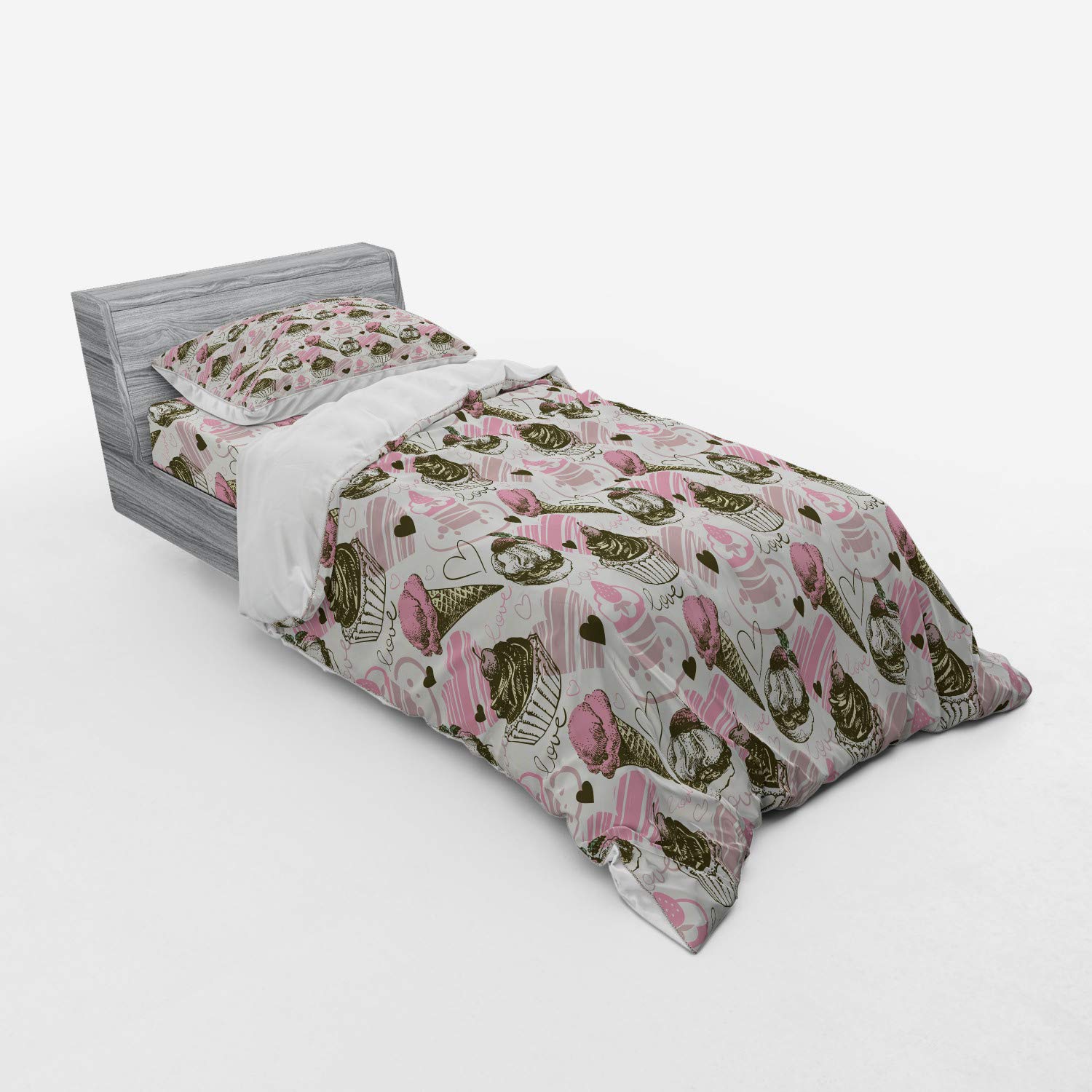 Ambesonne Ice Cream Duvet Cover Set - Grunge Style Cupcakes with Heart Love Romance Design, 3-Piece Bedding Set (Twin Size, Army Green & Pale Pink) for Cozy Bedroom Decor & Teen Girl Room Aesthetic