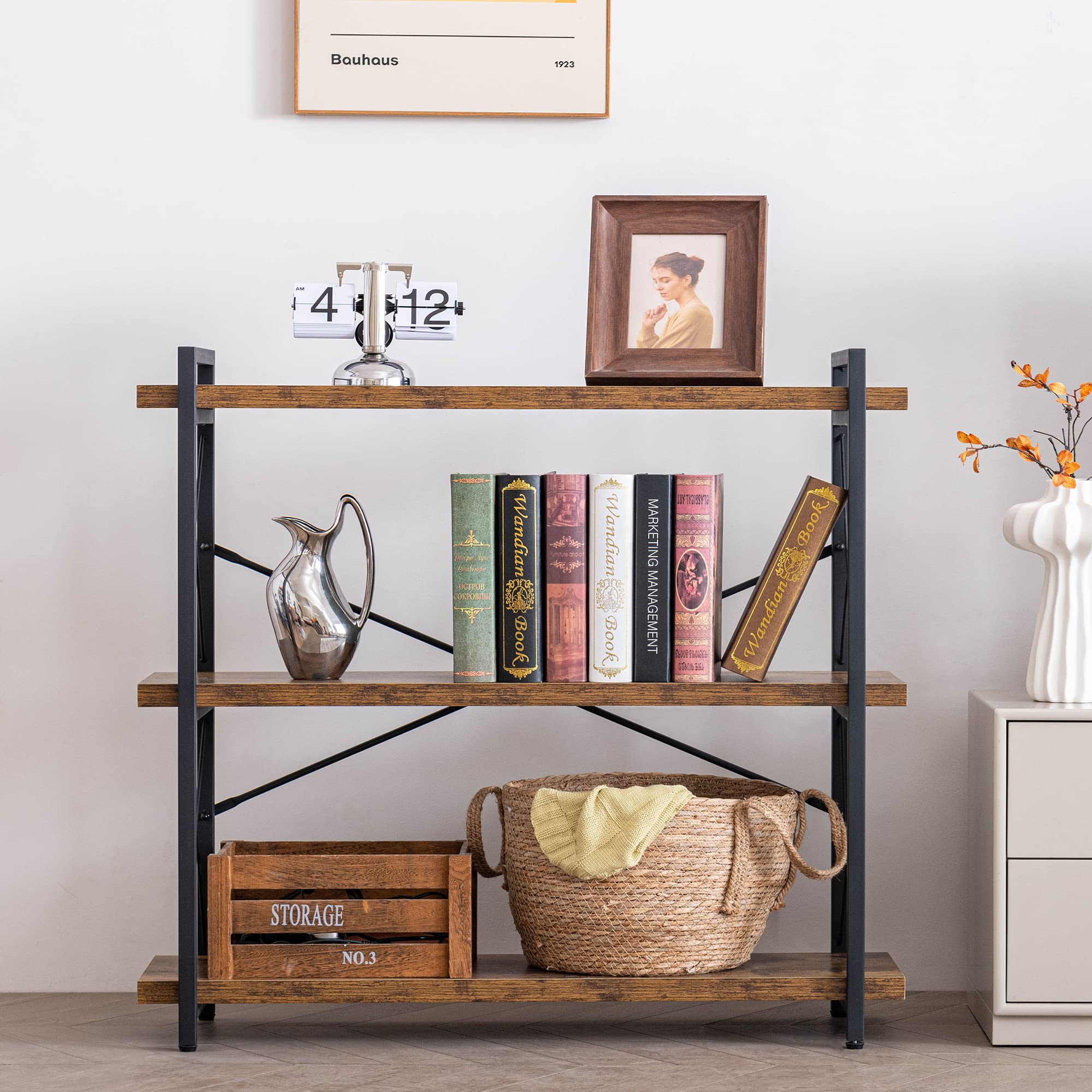 3-Tier Industrial Bookcase - Rustic Open Wood & Metal Bookshelf for Living Room, Office, Bedroom - Sturdy Horizontal Storage Shelf for Books, Decor, Plants