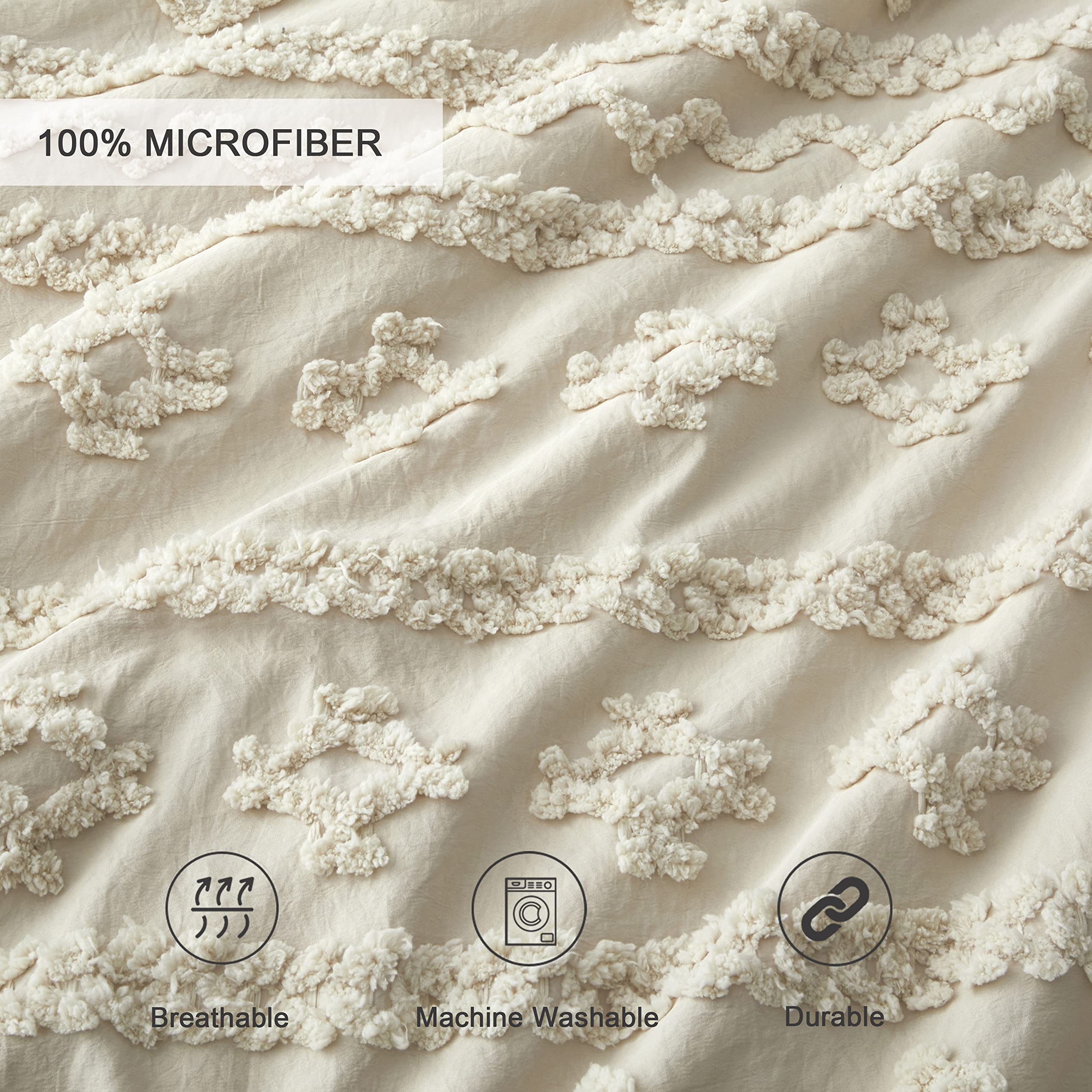 Oli Anderson Beige Queen Comforter Set - 3 Piece Tufted Boho Shabby Chic Bedding with 2 Pillowcases | Soft & Cozy for Master Bedroom, Guest Room & Dorm Decor (Beige, Queen Size)
