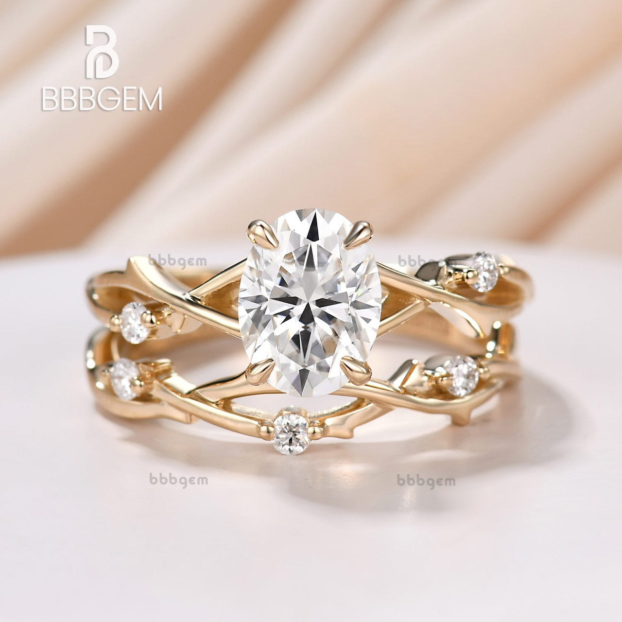 2PCS Twig Vine Oval Moissanite Solitaire Engagement Ring Set for Women - 1.5CT Oval Cut Rose Gold Wedding Band - Perfect for Proposals, Anniversaries & Bridal Jewelry