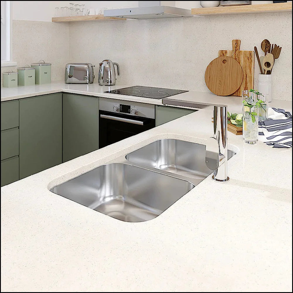 Fienza Tiva 68109 33-inch Stainless Steel Double Bowl Kitchen Sink with Drainboard - Heavy Duty 16 Gauge, Brushed Finish for Modern Homes - Perfect for Meal Prep, Washing Dishes & Entertaining