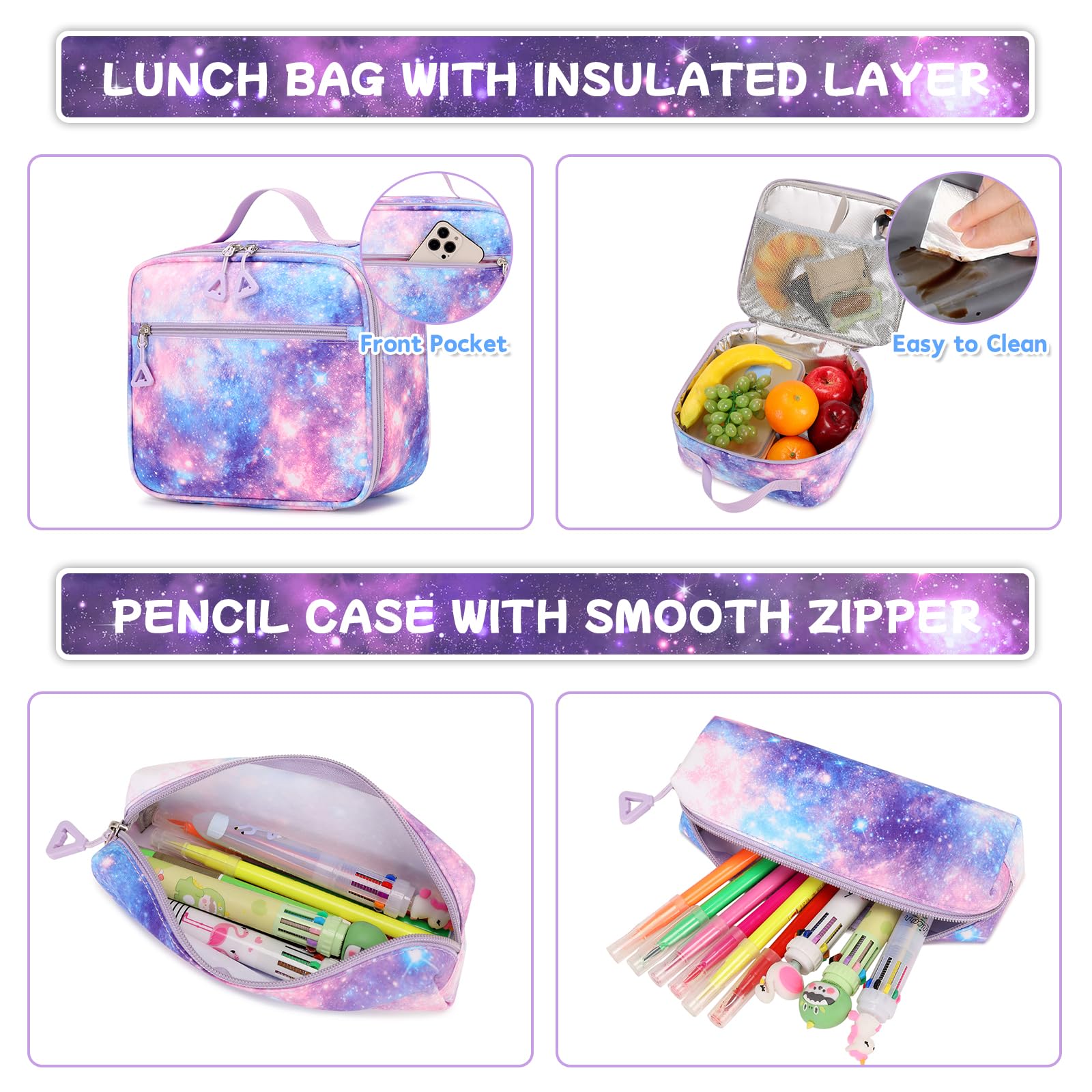 3-Piece Girls Backpack Set with Lunch Box - Cute Kawaii School Book Bag for Elementary & Middle School Students - Ita Backpack Galaxy Print - Perfect for School, Travel & Daily Use