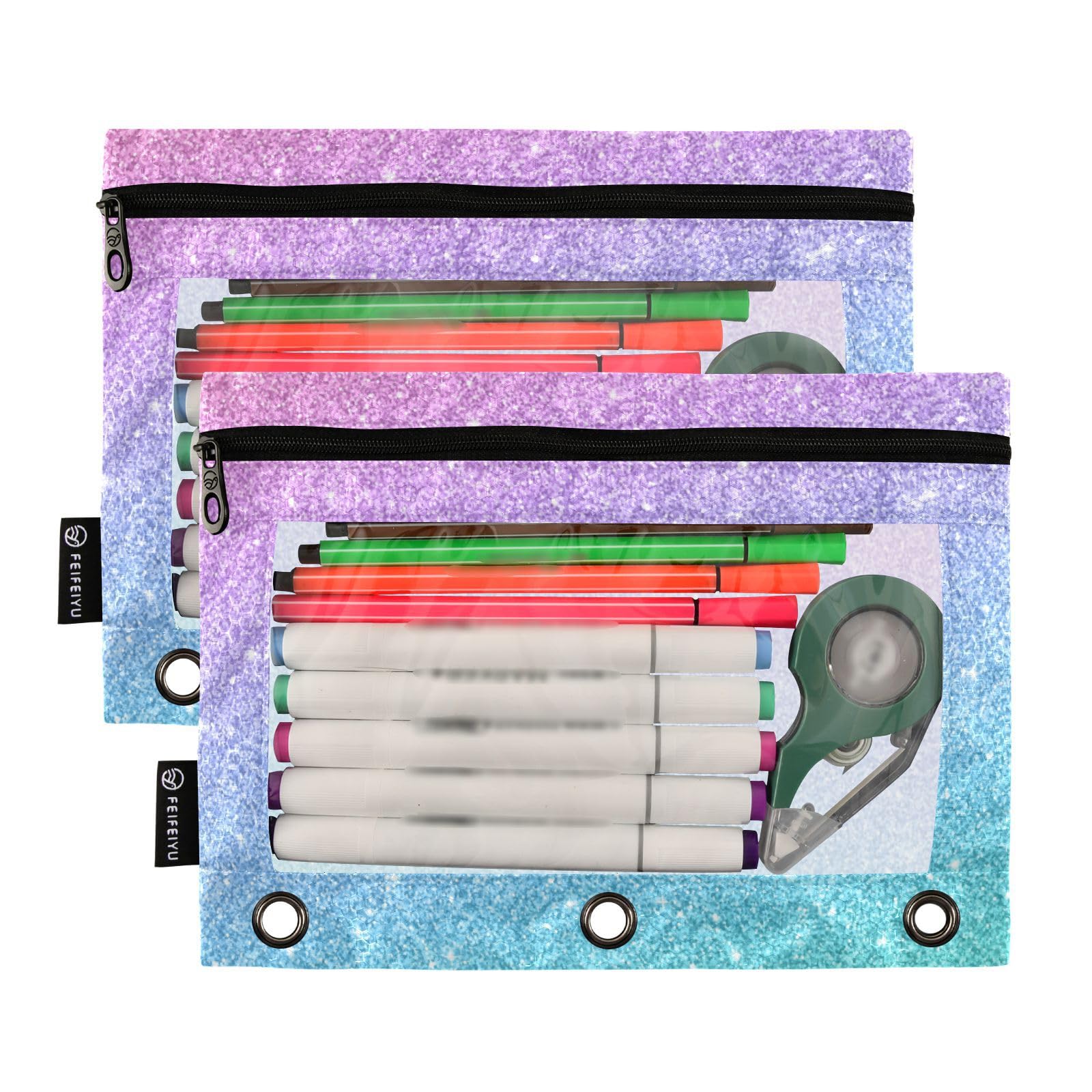 Gredecor Glitter 3-Ring Binder Pencil Pouch Set - 2 Pack Blue & Pink Zippered Pencil Cases, Clear School & Office Organizer for Folders, Notebooks & Supplies | Perfect for Students, Teachers & Professionals