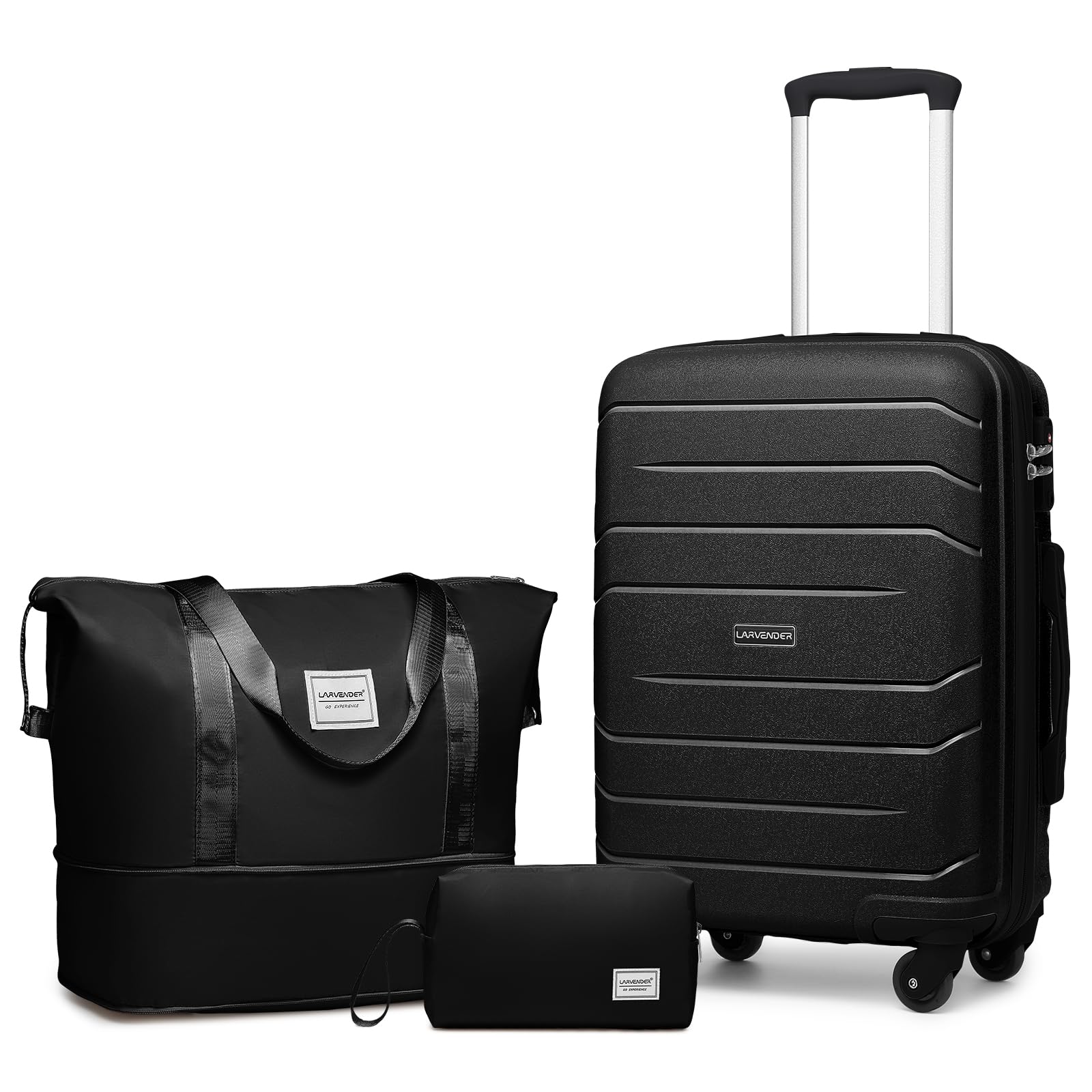 Lavender 3-Piece Hard Shell Carry On Luggage Set for Women - 20 Inch Airline Approved Spinner Suitcase with TSA Lock (22x14x9 Inches) - Perfect for Business Travel, Weekend Getaways & Airplane Cabins (Black, 20Inch/DB/TB)