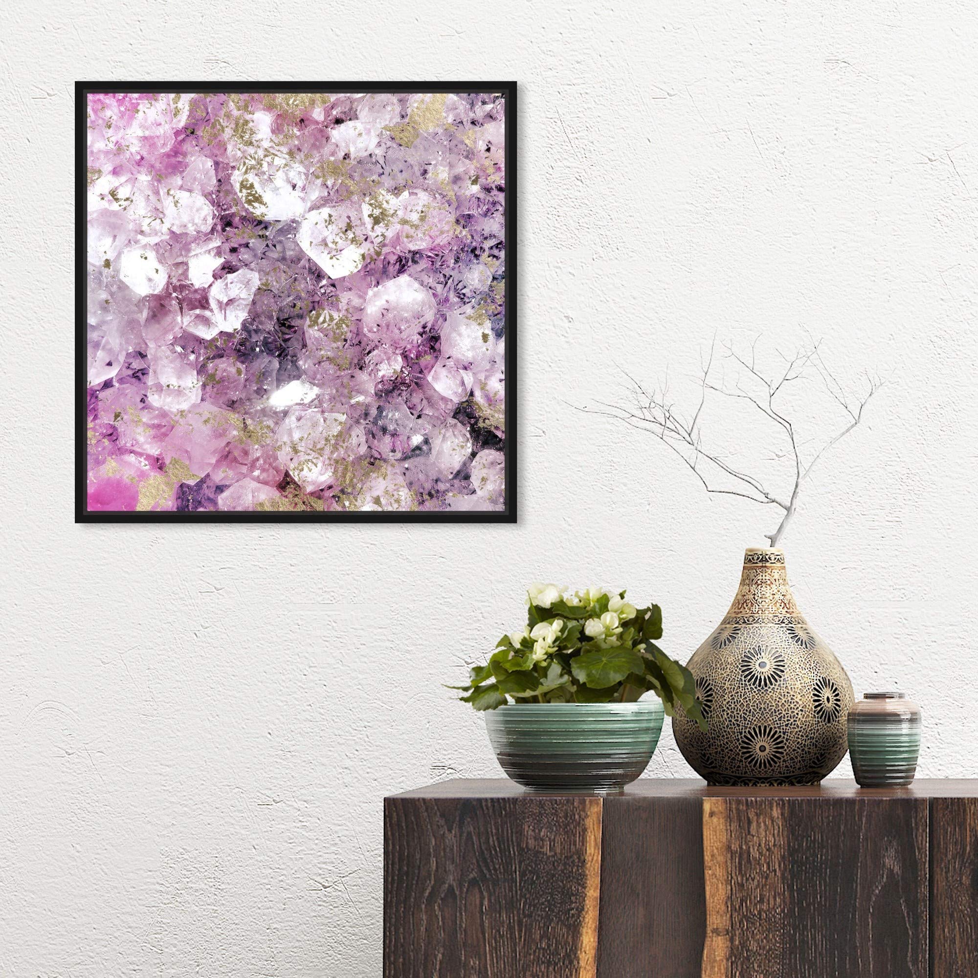 Abstract Framed Wall Art Canvas Print - Purple & Gold Romantic Crystal Home Decor 16x16 Inches | Perfect for Living Room, Bedroom & Office Decoration