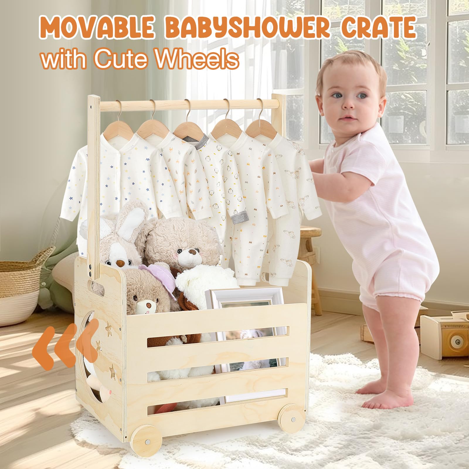 Personalized Wooden Baby Shower Crate with Wheels & Ergonomic Handle - Pushable Baby Gift Basket for Newborn Boys & Girls - Nursery Storage Organizer (28