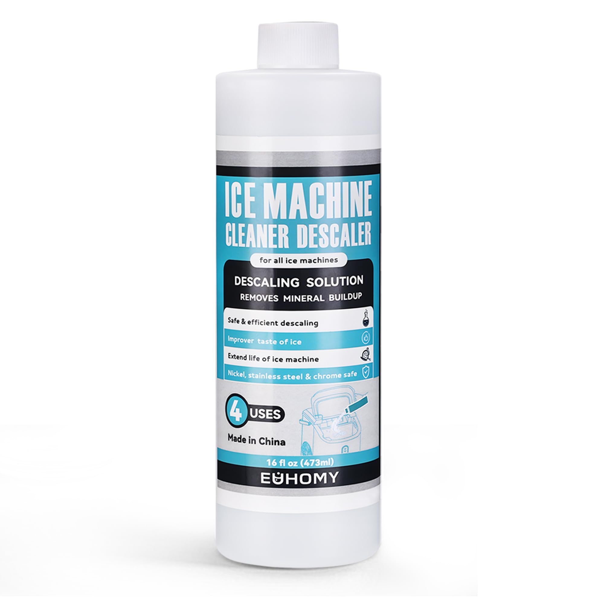 EUHOMY Ice Machine Cleaner Descaler - 16 Fl Oz (4 Uses Per Bottle) | Universal Descaling Solution for All Brands of Ice Makers, Coffee & Espresso Machines | Perfect for Home Bars, Restaurants & Office Break Rooms