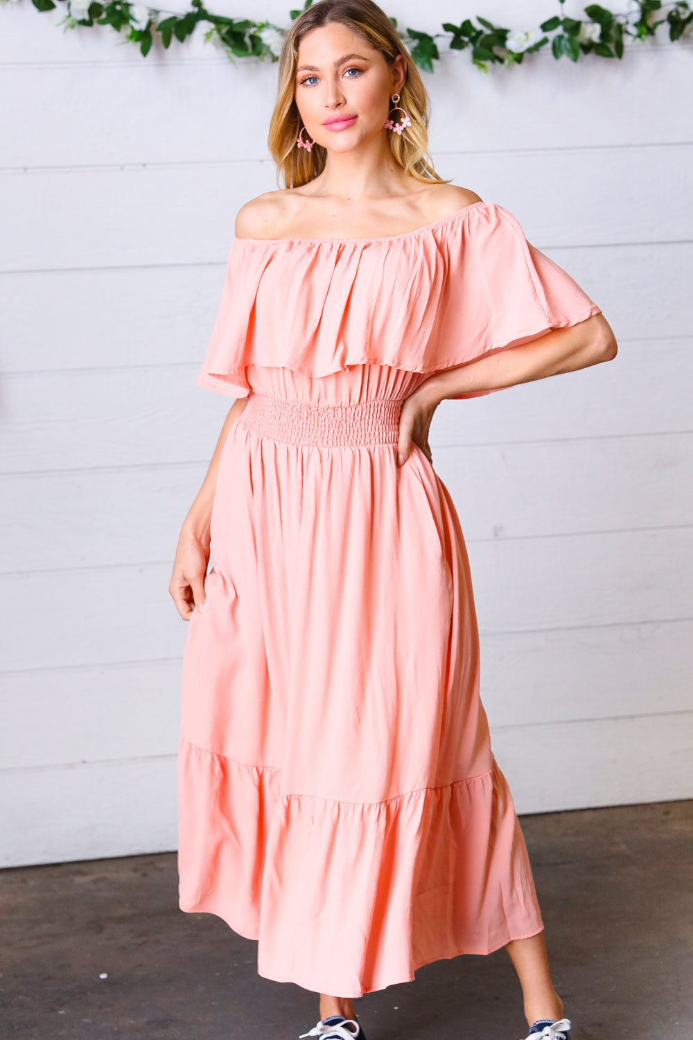 Coral Off-Shoulder Smocked Waist Ruffle Sleeve Midi Dress for Women - Summer Beach Party, Wedding Guest, Date Night Outfit