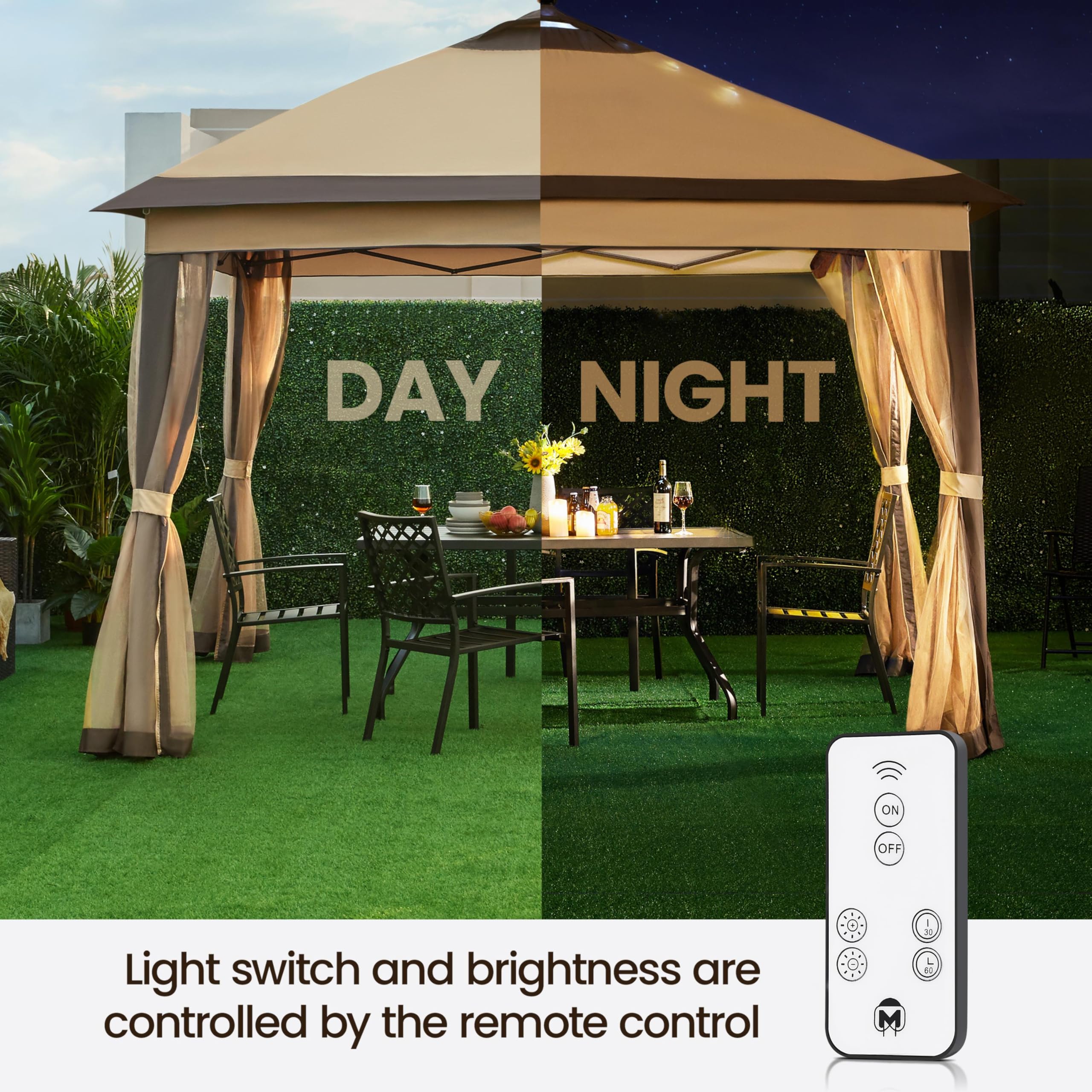 Topeakmart 11x11Ft Outdoor Pop Up Gazebo Canopy with Mesh Netting & Solar LED Lights - Patio Garden Shade Shelter for Backyard, Camping, Picnics (Khaki & Brown)