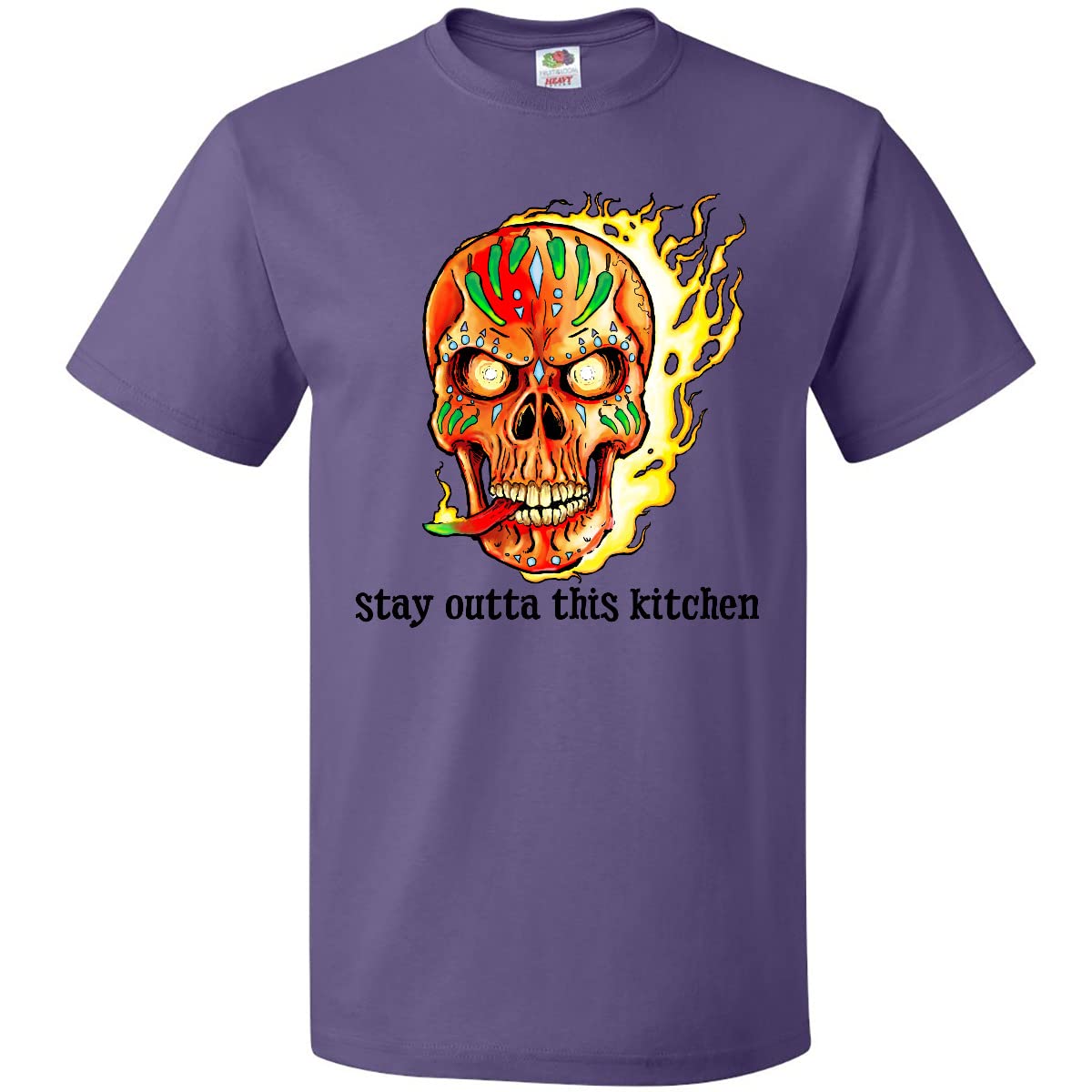 Inktastic Fire Skull Stay Outta This Kitchen Graphic T-Shirt for Men & Women - Cool Edgy Cooking Apparel for Chefs, Bikers & Skull Lovers