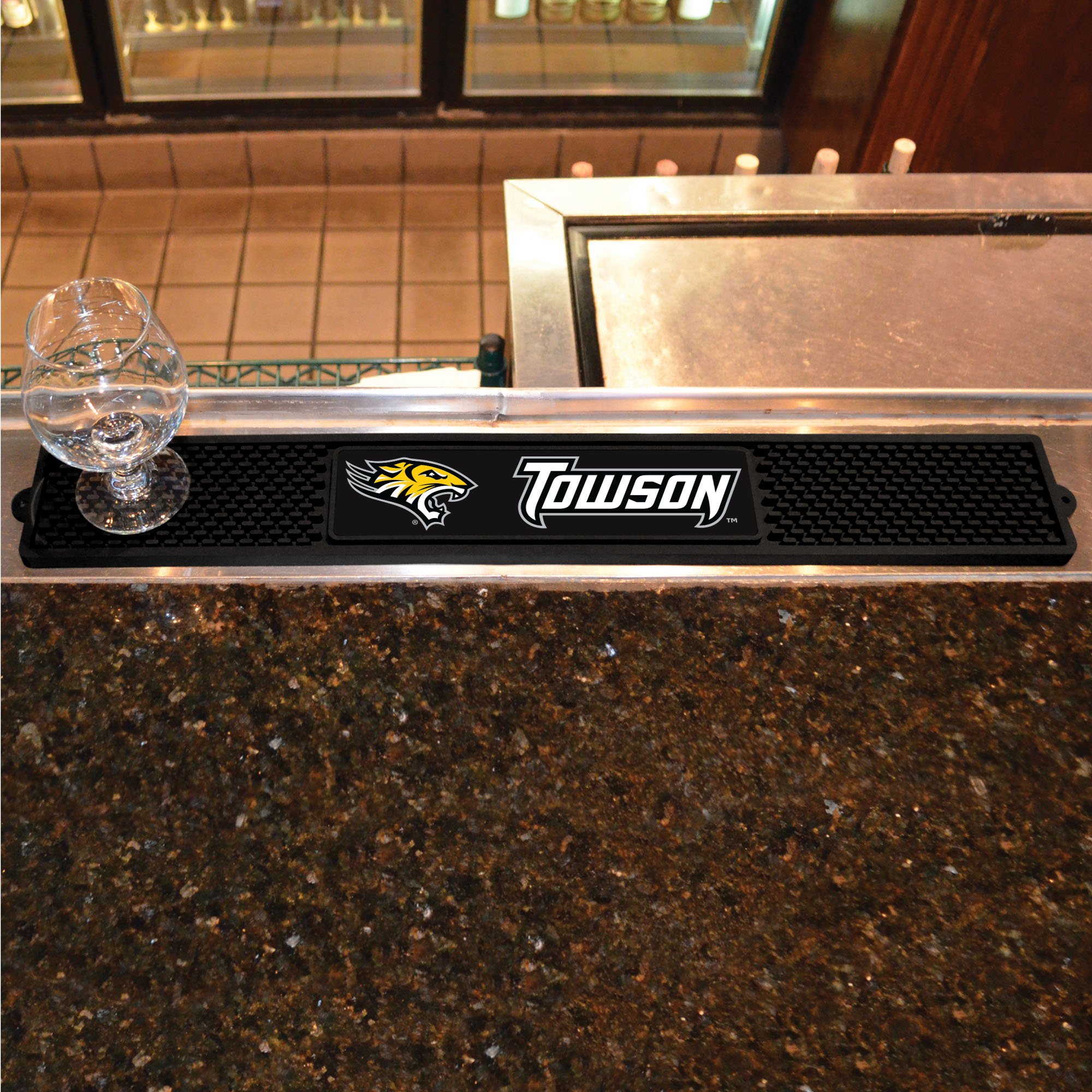 FANMATS 17126 Towson Tigers Drink Bar Mat - 3.25x24 Inch Durable Dish Drying Mat, Non-Slip Counter Mat for Kitchen, Bar & Dining Table - Easy to Clean, Absorbent & Reusable - Perfect for Spills, Coasters & Drink Protection
