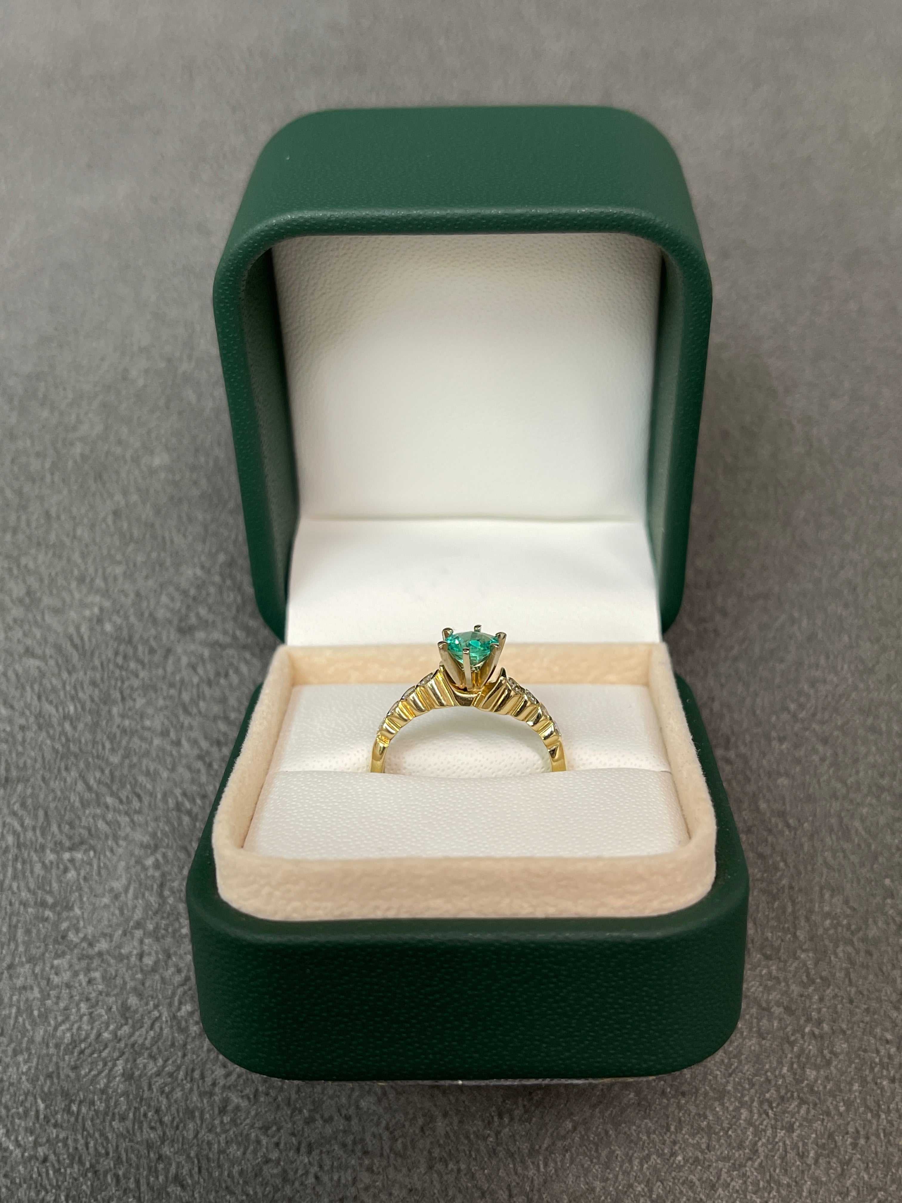 0.97tcw Modern Round 6 Prong Emerald & Bezel Diamond Ring 14K Gold - Elegant Engagement, Wedding, Anniversary Jewelry Gift for Women