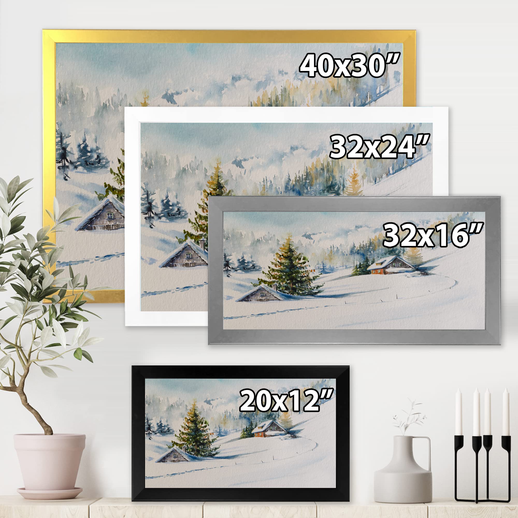 DesignQ Little House In The Winter Mountains Traditional Framed Wall Art - Winter Landscape Painting for Living Room, Bedroom & Office Decor