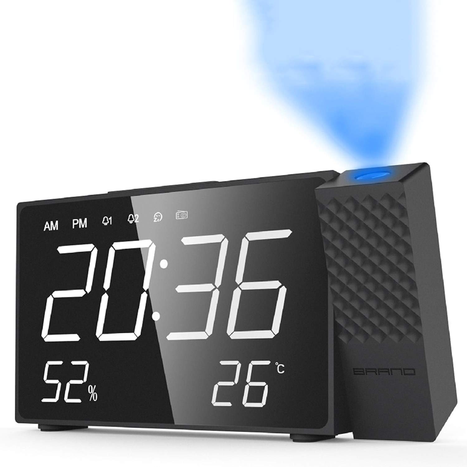 HPDOM Digital Projection Alarm Clock with FM Radio, Indoor Thermometer, LED Display & USB Phone Charger - Dual Alarm, Classic Black Design for Bedroom, Office, Travel & Night Use