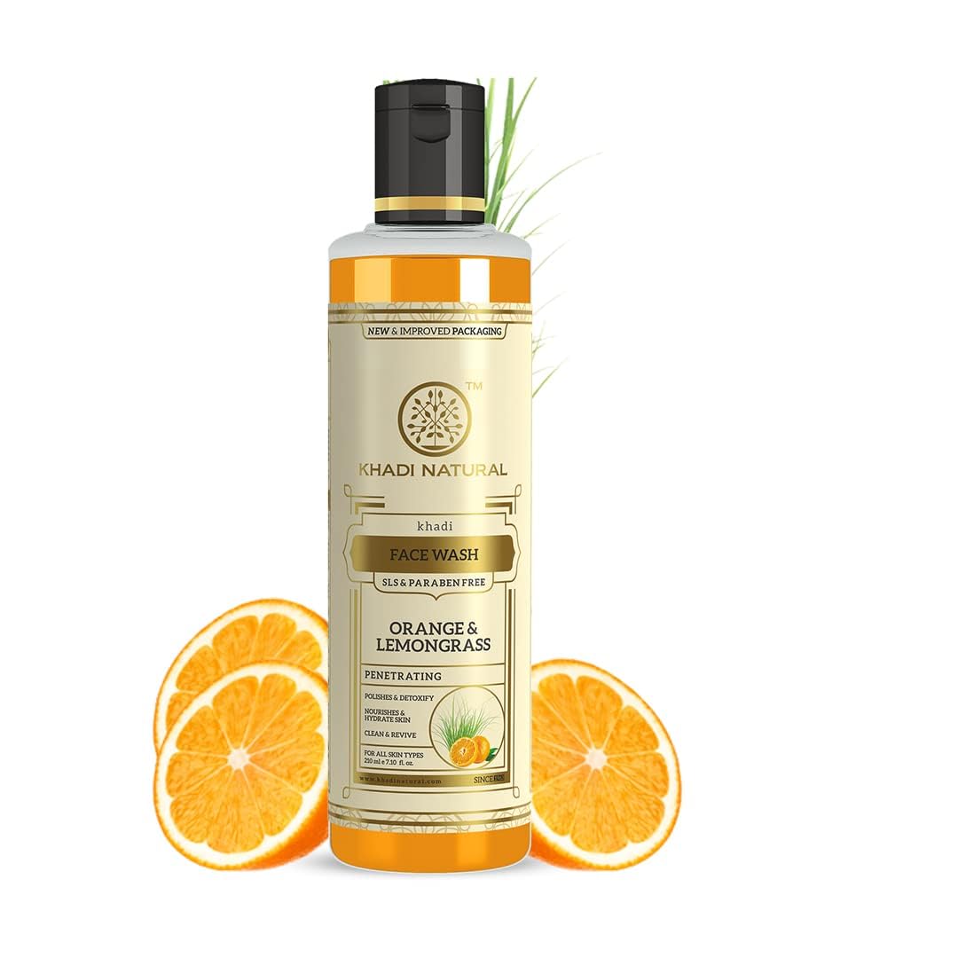 Khadi Natural Orange & Lemongrass Herbal Face Wash for Dry Skin - Organic, Paraben & SLS Free Cleanser (210ml) | Gentle Daily Cleansing for Healthy Glowing Skin | Perfect for Morning & Night Skincare Routine