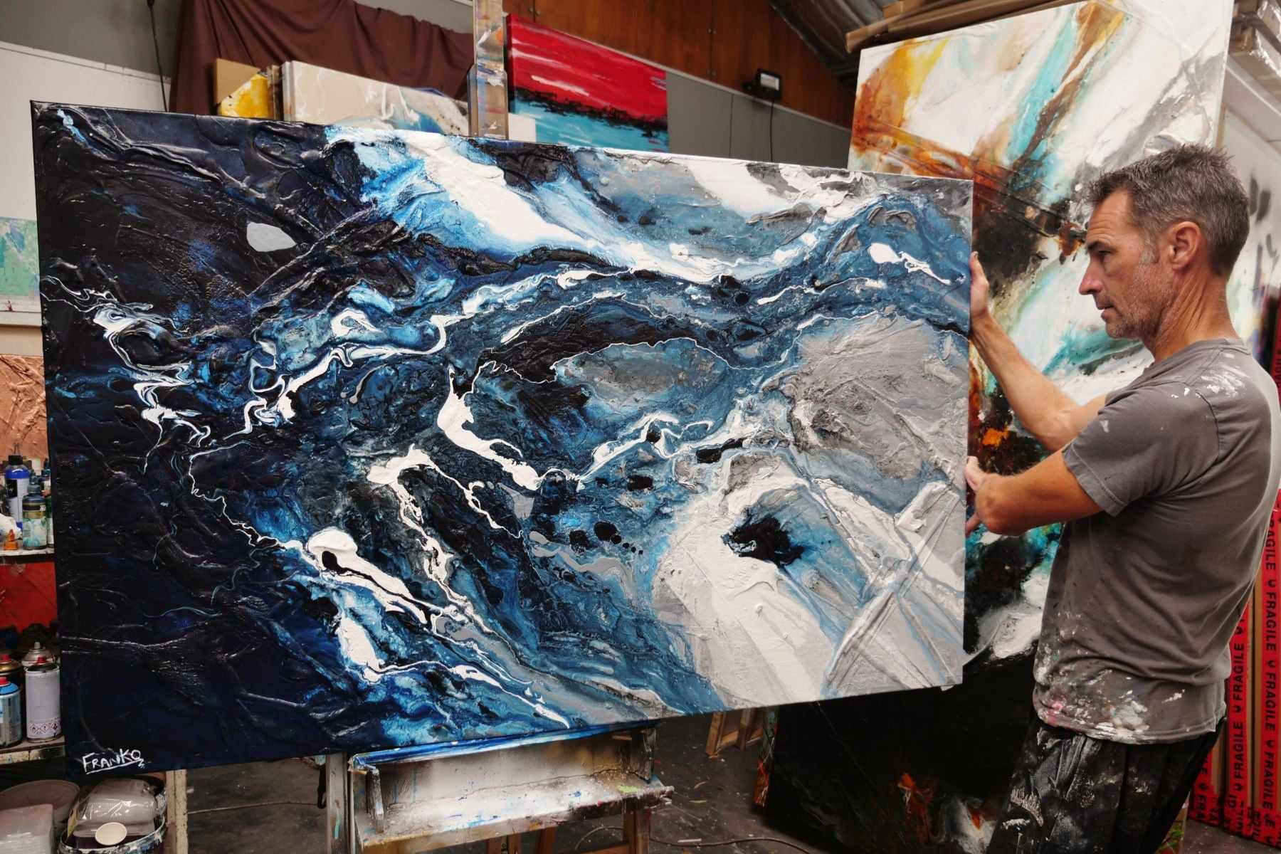 Slate and Ocean 160cm x 100cm Grey Blue Textured Abstract Canvas Wall Art - Perfect for Living Room, Bedroom or Office Decor