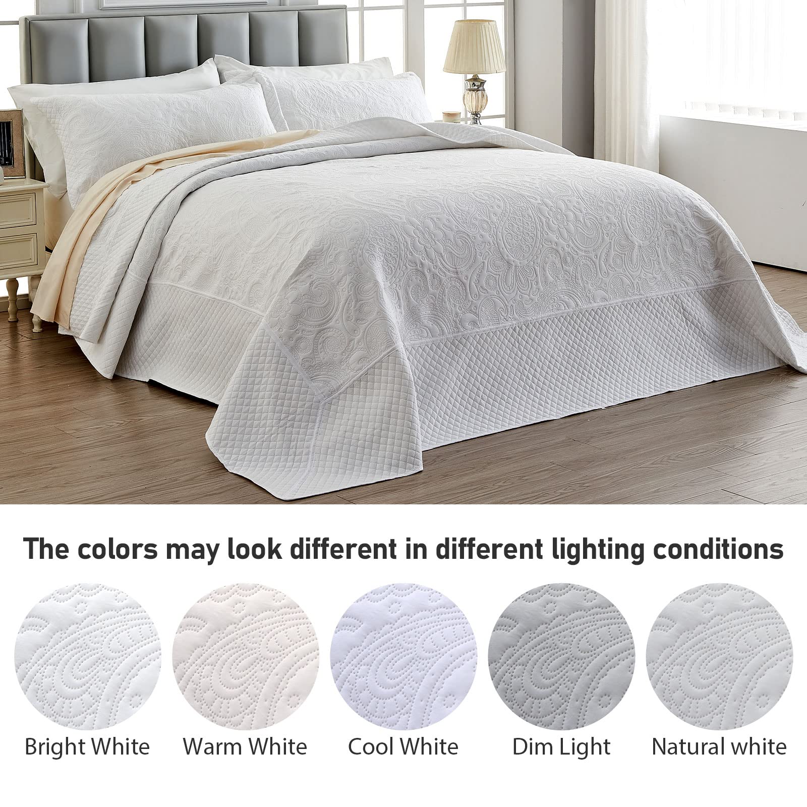 Qucover California King Bedspread - 3 Piece Soft Microfiber Ultrasonic Oversized Bedding Set 120x120 Inches, Paisley Pattern King Size Bedspread for Master Bedroom - White | Perfect for Luxury Hotels, Guest Rooms & Upscale Home Decor