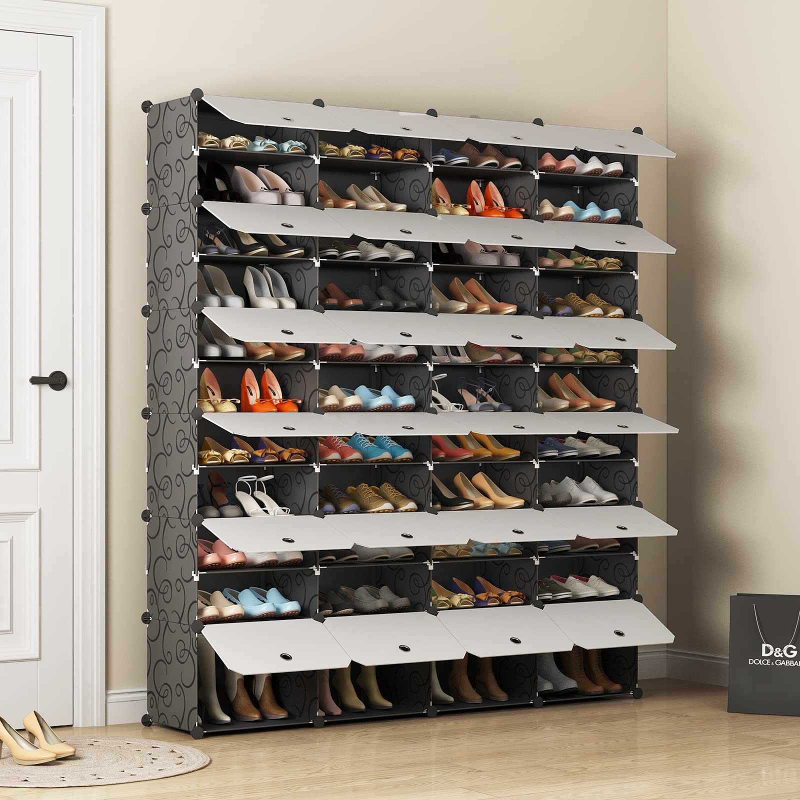 Aeitc 96 Pairs Expandable Shoe Rack Organizer - Space Saving Stackable Shoe Storage Cabinet with Hooks & Side Shelf for Entryway, Closet, Bedroom - White Door Shoe Shelf for Small Spaces & Home Organization