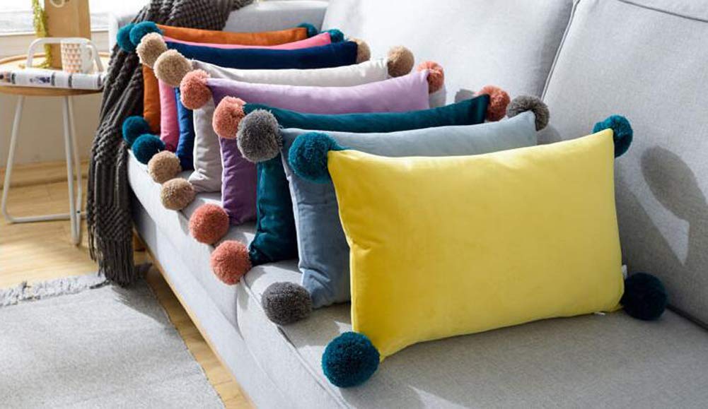 Decorative Pom-Pom Waist Lumbar Throw Pillow for Couch & Bed - Square/Rectangle/Triangle Shapes with Insert - Yellow (12x20 inch) - Perfect for Sofa, Living Room & Bedroom Decor
