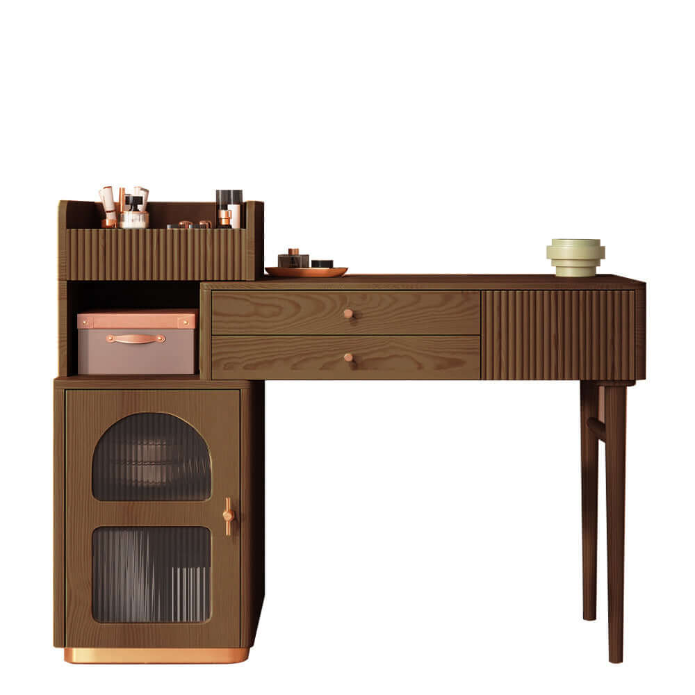 Stylish Wooden Makeup Vanity Table with Open Storage, Drawers & Cabinet - Perfect for Bedroom, Dressing Room & Beauty Salon Organization