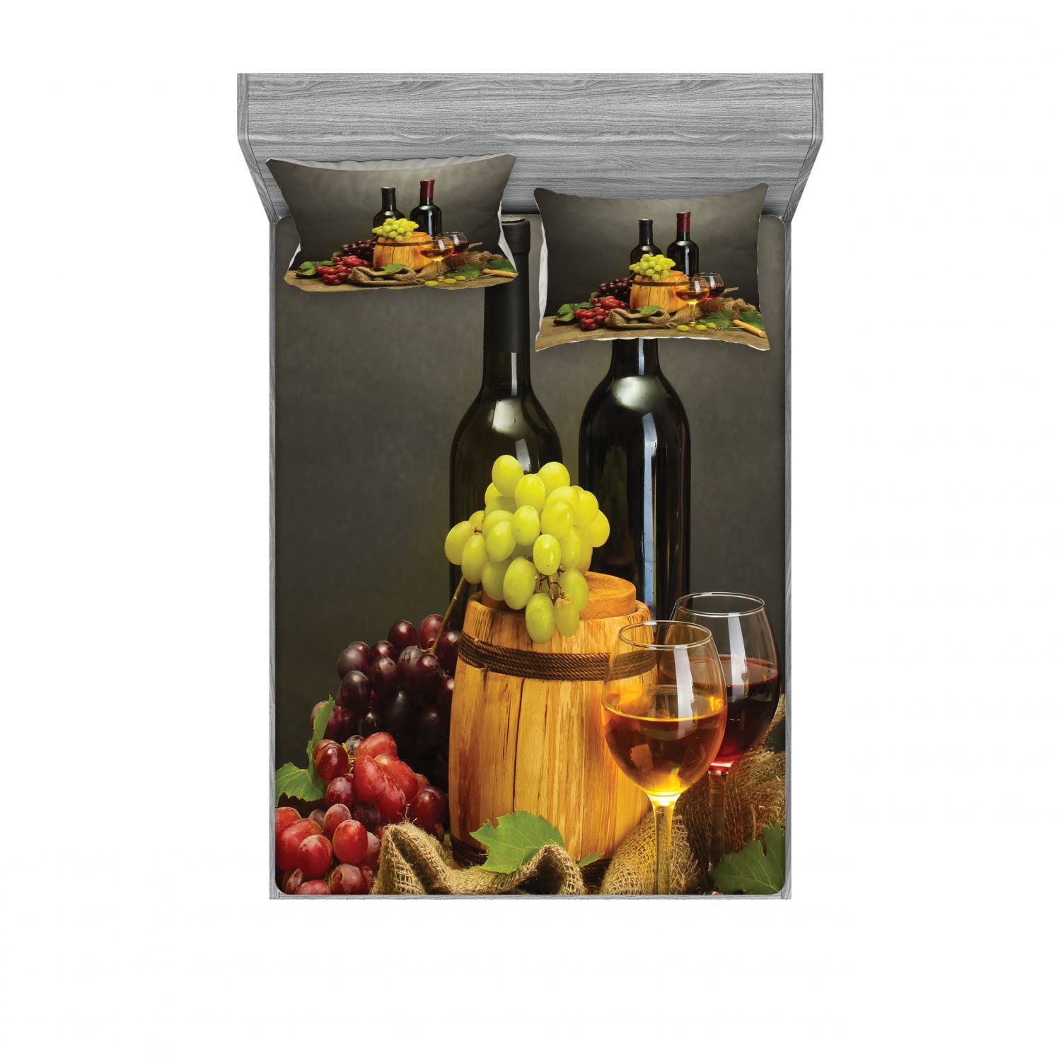 Ambesonne Winery Themed 4-Piece Queen Bedding Set - 2 Fitted Sheets & 2 Pillow Shams with French Bottle Design, Multicolor Home Decor for Master Bedroom, Guest Room or Vacation House