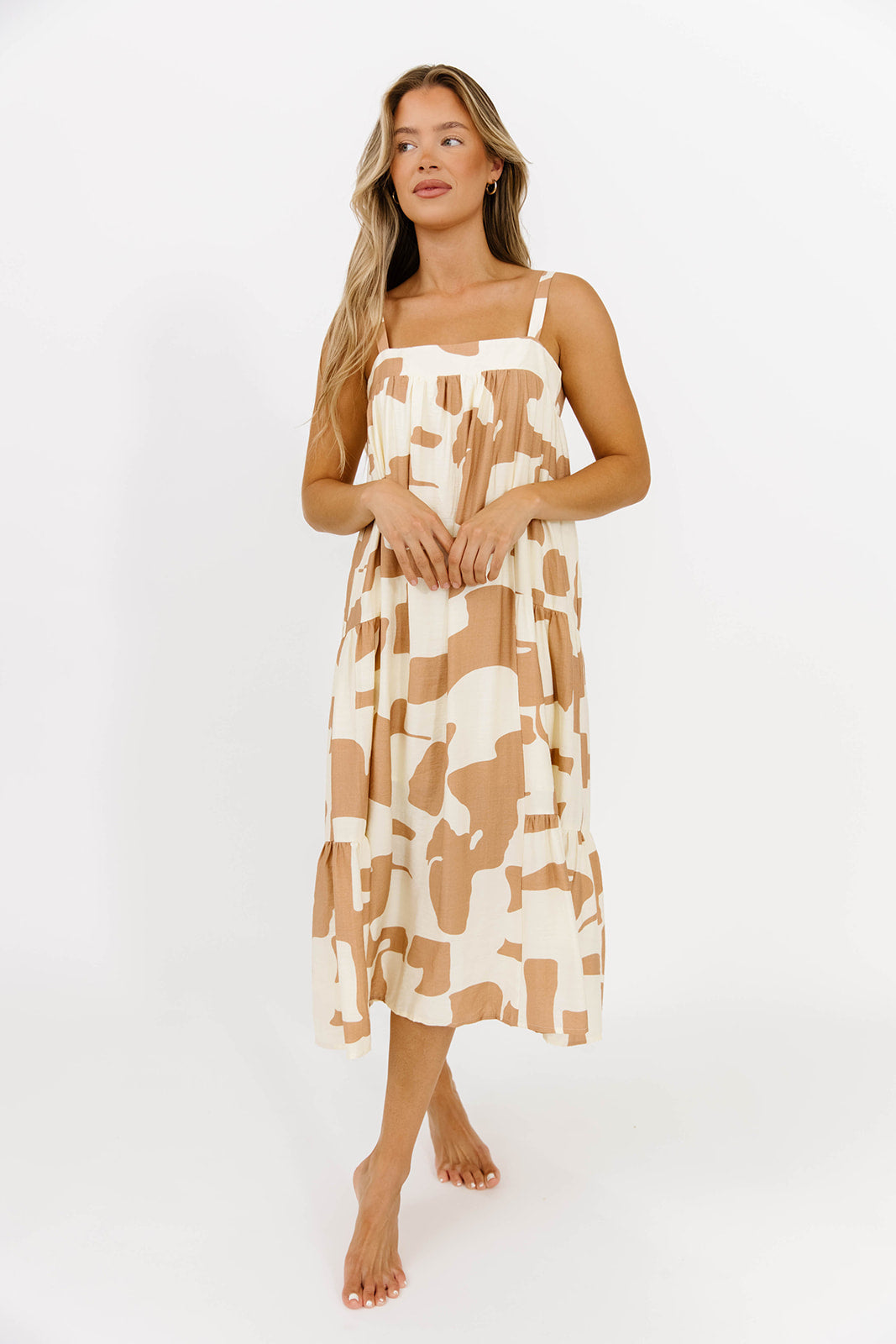 Padma Abstract Print Shirring Tiered Flowy Midi Dress in Ivory/Taupe - Elegant Boho Chic Dress for Women, Perfect for Summer Weddings, Beach Vacations & Date Nights