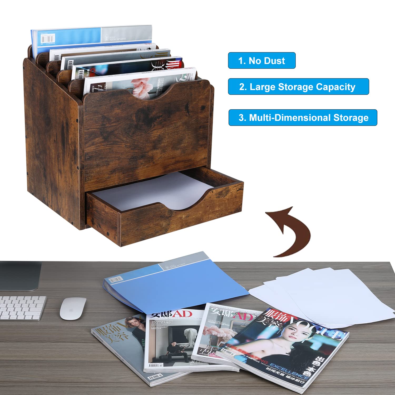 Wooden Desktop File Organizer with Drawer - 6 Compartment Mail Sorter for Folders, Letters, Envelopes & Magazines - Antique Brown Office Supply for Home & Workspace Organization