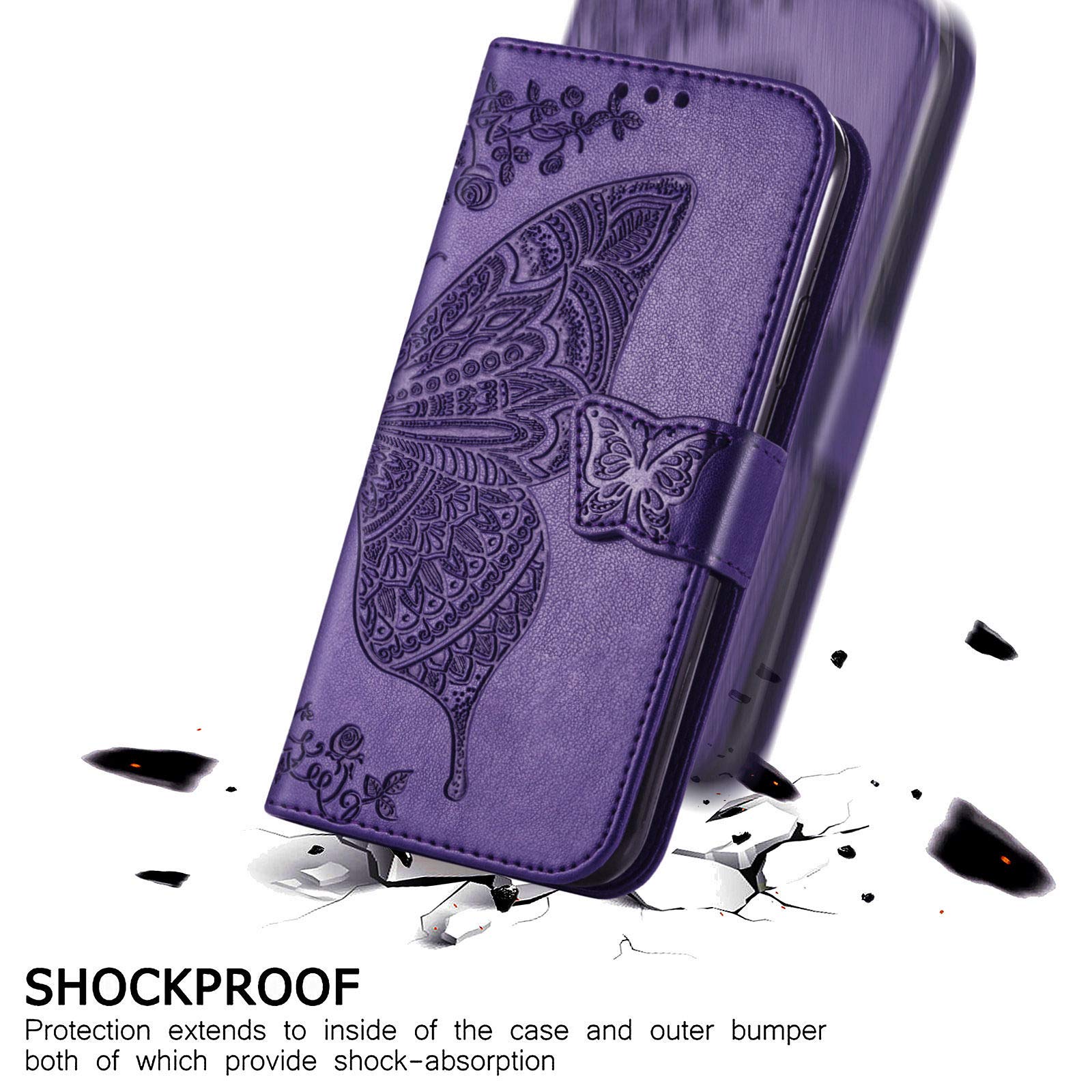 Premium PU Leather Wallet Case for iPhone 13 Pro Max - Flip Cover with Card Slots, Wrist Strap & Kickstand | Butterfly Flower Embossed Design in Purple | Perfect for Everyday Use, Travel & Hands-Free Convenience
