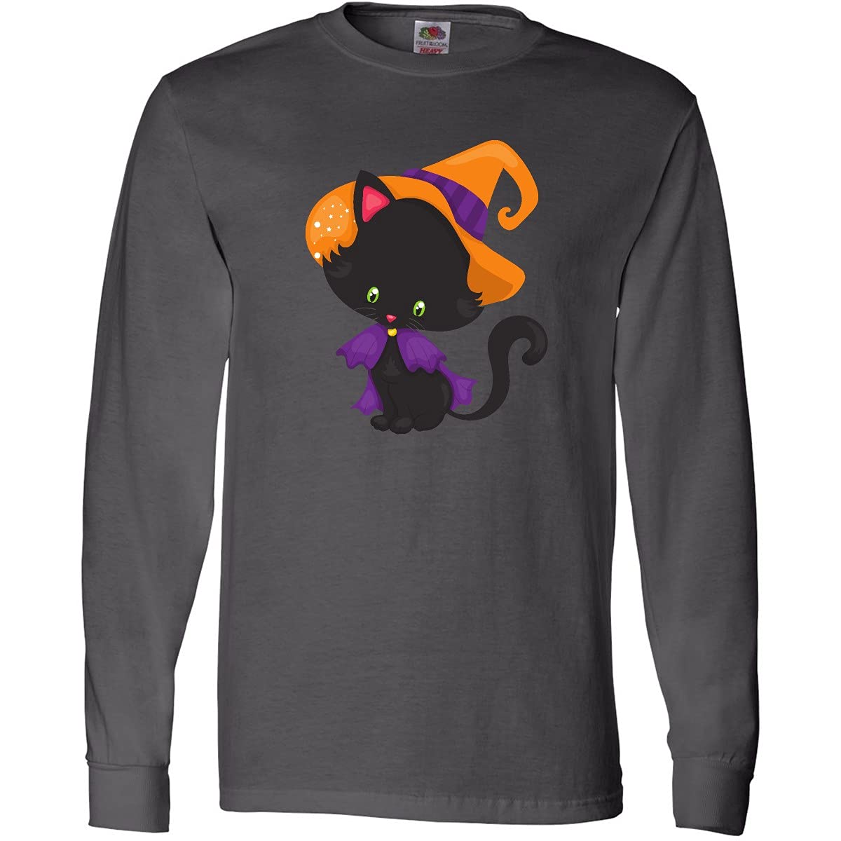 Inktastic Halloween Cat T-Shirt - Cute Black Cat with Witch Hat Long Sleeve Tee for Women | Halloween Costume, Party Outfit, Cosplay & Casual Wear
