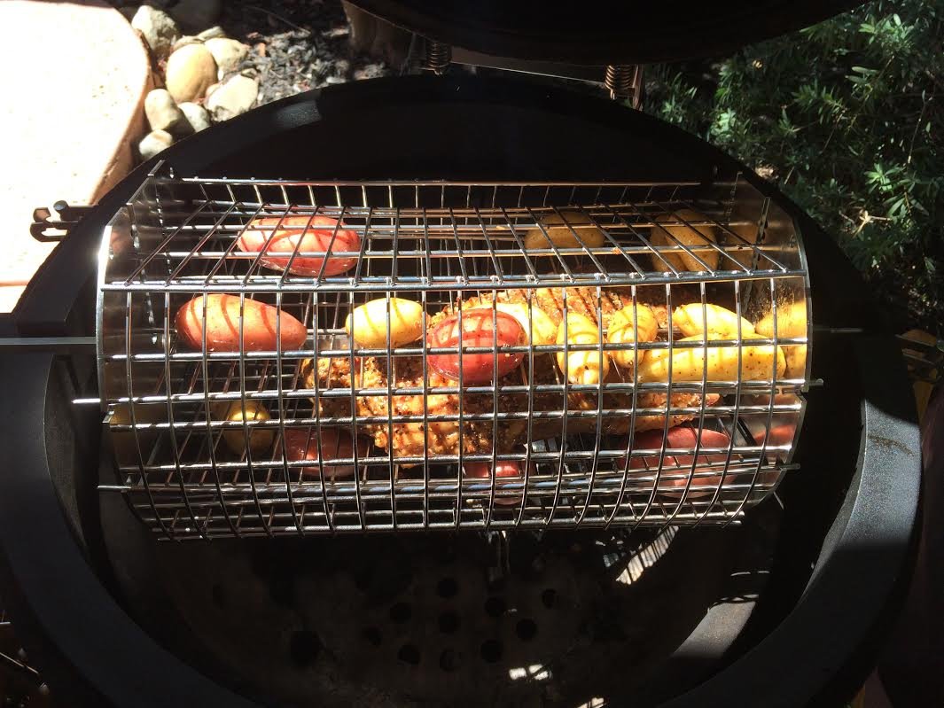 OneGrill Performer Series Kamado Grill Rotisserie Spit Rod Basket - Stainless Steel Dual Tumble & Flat Basket for 5/16