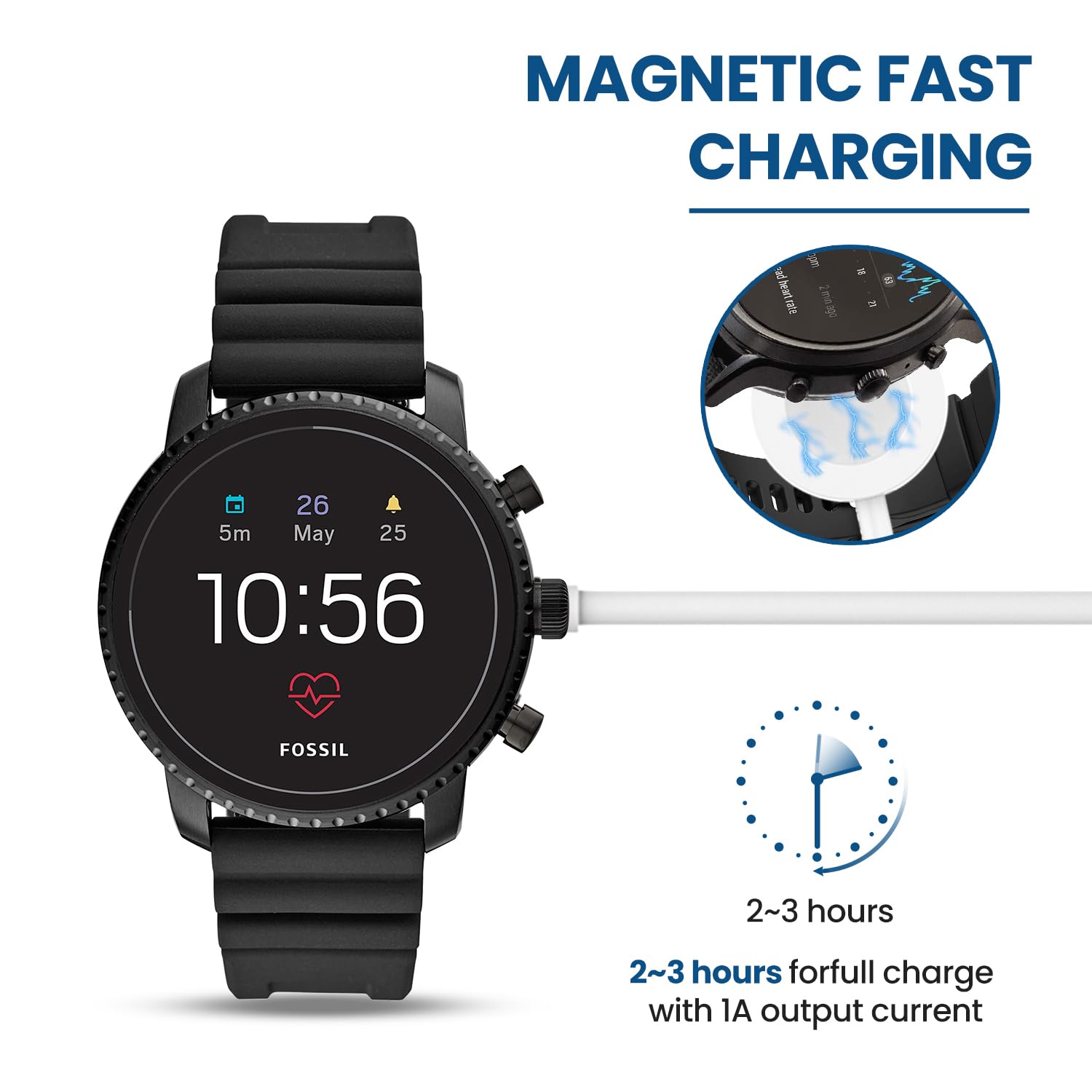 RuenTech Fast Magnetic Charger for Fossil Gen 6/5/5E/4 & Michael Kors Gen 4/5/5E/6 Smartwatches - White | Quick Charging Dock for Gym, Office & Travel Use