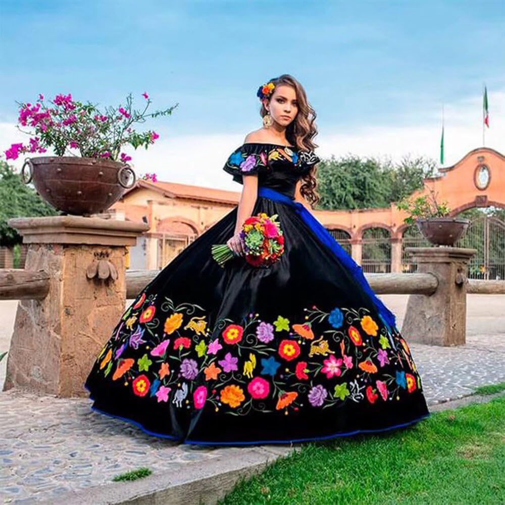 Elegant Off-The-Shoulder Quinceañera Dress with Floral Embroidery & Blue Sash - Sweet 15 Charro Party Gown for 2025 | Perfect for Quince Celebrations, Birthday Parties & Special Occasions