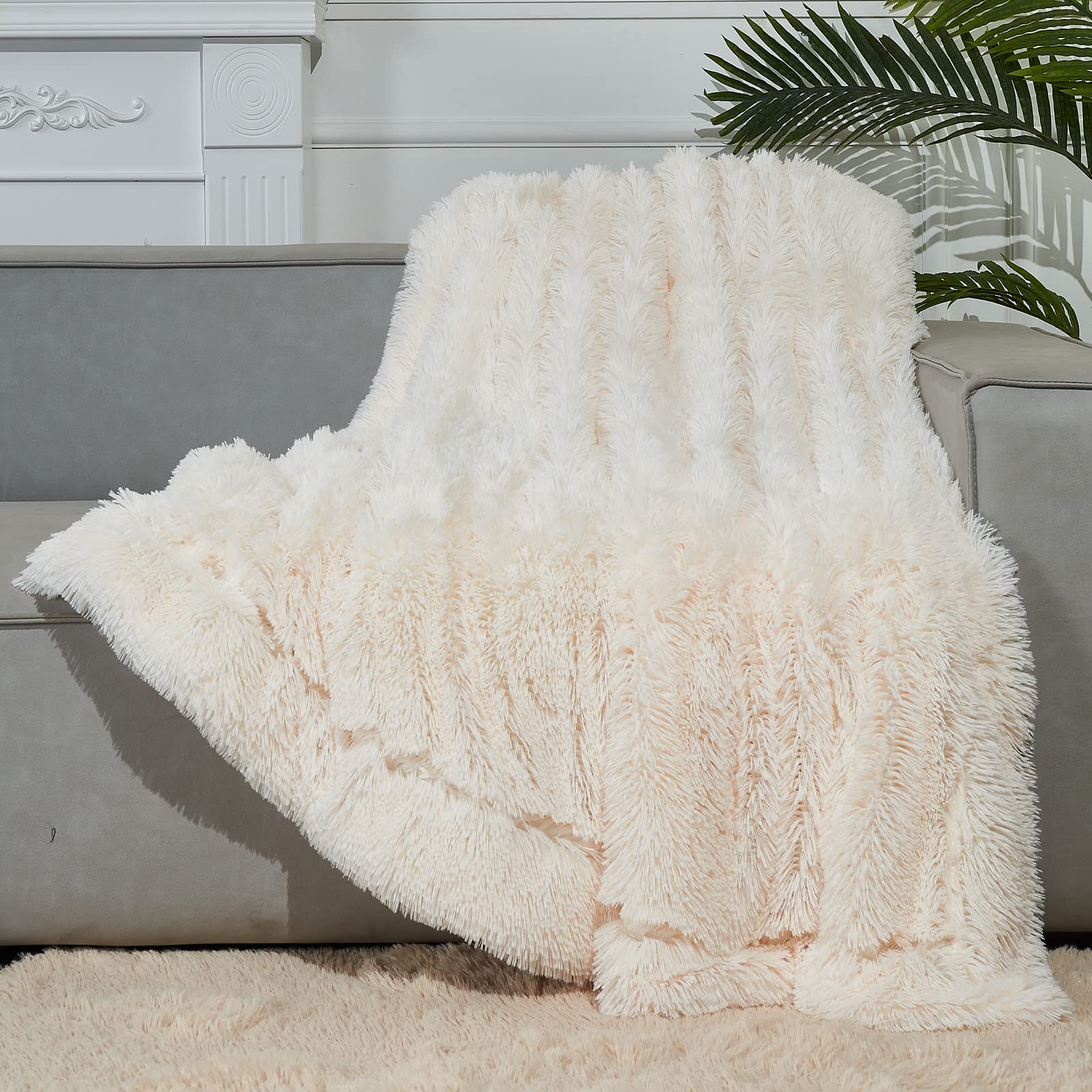 GONAAP Super Soft Faux Fur Throw Blanket - Ivory Plush Shaggy Blanket for Couch, Sofa & Bed (40