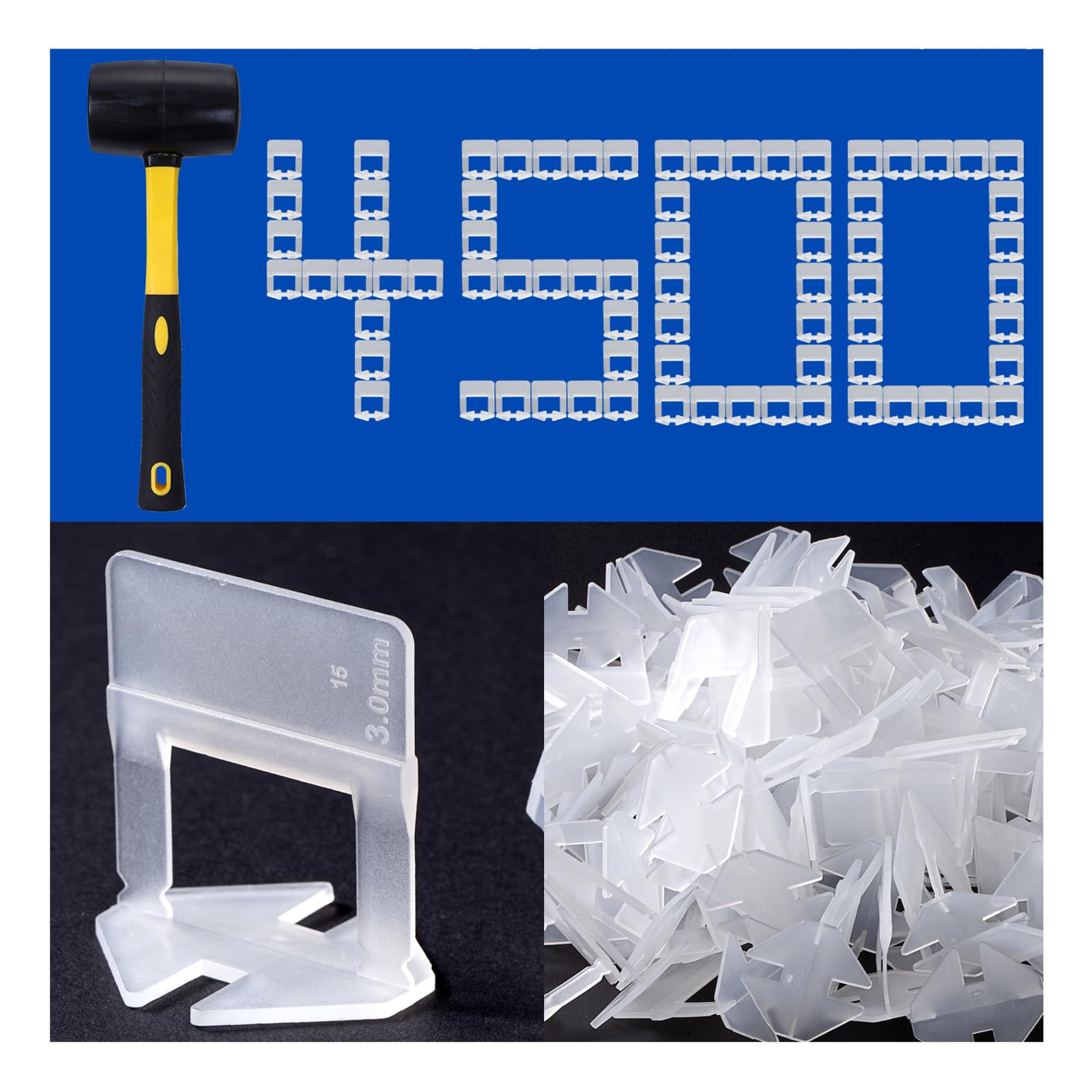 Professional Tile Leveling System Kit - 1/8 inch Tile Spacers & 16 oz Rubber Mallet (4500 Pieces) for Ceramic, Stone, and Porcelain Tile Installation - Perfect for Bathroom, Kitchen, and Flooring Projects