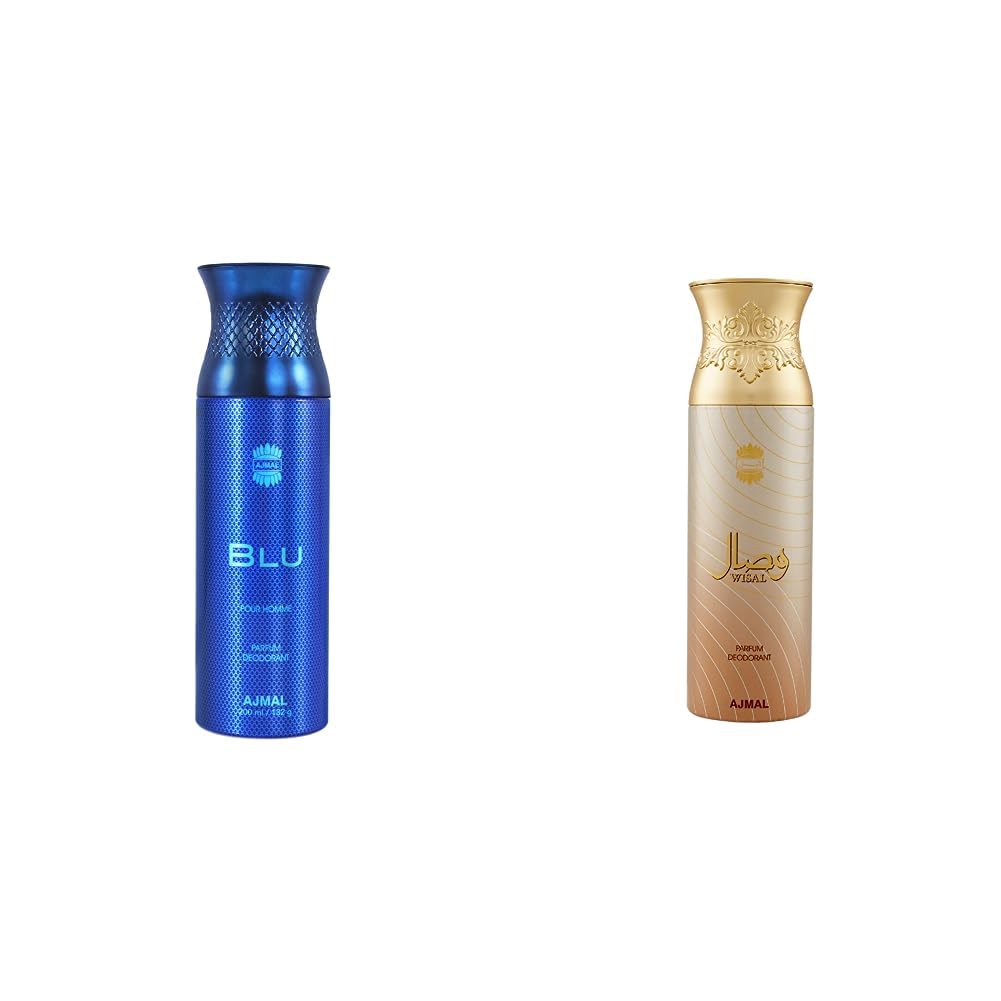 Ajmal Blu & Wisal Perfume Deodorant Set - 200ml Body Spray Gift Combo for Men & Women | Long-Lasting Fragrance for Date Night, Office & Special Occasions