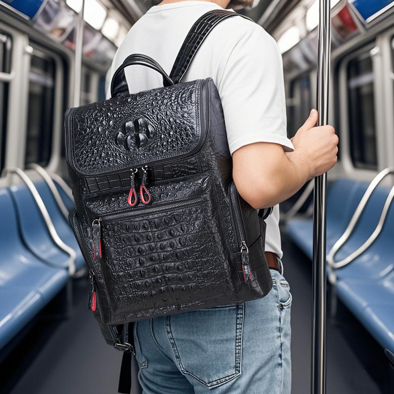 Boshiho Genuine Leather Laptop Backpack for Men - Stylish Crocodile Pattern Travel Bag & Business Daypack - Perfect for Work, Commuting & Weekend Getaways (Large Size)