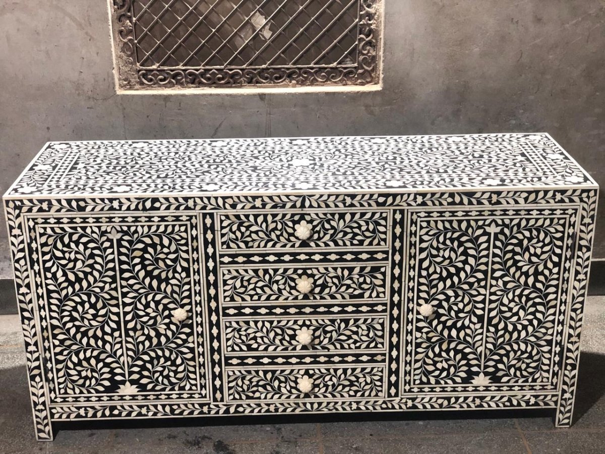 Handmade Bone Inlay Floral Black Sideboard Buffet Table - Vintage Home Decor for Dining Room, Living Room & Entryway Storage